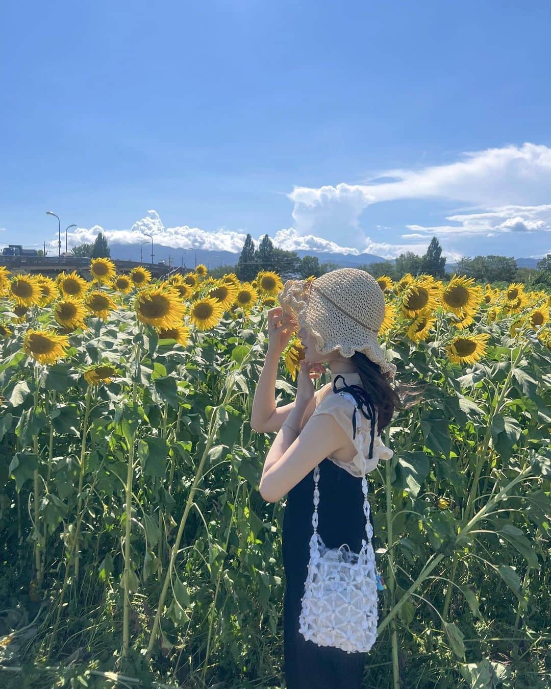 さばこのインスタグラム：「🌻☁️ 念願のひまわり畑🕊️ そんなに混んではいなかったけどとにかく暑かった！ そして強風だった🤧 一面ひまわりが咲いてて本当に綺麗だった〜  #座間 #座間ひまわり畑 #ひまわり畑 #ひまわり #向日葵畑 #お花畑 #ドライブデート #夏コーデ #麦わら帽子 #해바라기 #sunflowers」