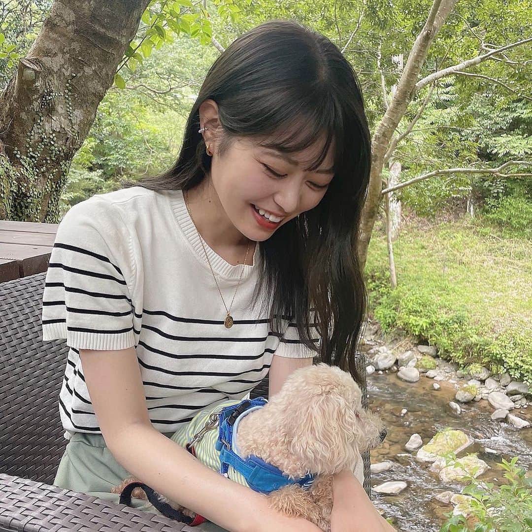 前田亜美のインスタグラム：「. 最近、家族みんなでお出かけしたの🚗³₃. . みんなが元気で動ける時に行きたいところに行こう！って事で✊🏻‎❤️‍🔥. . わんこ達にも元気なうちに行ったことのない場所や 初めての経験をしてもらいたくて、、海や景色を楽しめる自然のあるところに行きました〜〜🐕🐾. . . 暑いからもちろん休みながら涼みながら…🌱𓂃 𓈒𓏸. . . わんこOKなCafeやご飯屋さん多くて本当に助かったし最高すぎました✌🏻 . . . @carry.an2010  きゃりーはね、妹が溺愛しすぎてるから私にあんまり懐いてない……気がしてる……🫠‪‪笑. ‪‪悔しい…笑. . そんな会話を妹としてる時の写真📷´-  あんじゅはお外が大好きなので色んなところに行きたいし歩きたいしではしゃいでましたᐠ( ᐛ )ᐟ. . あんちゃんは本当にお散歩とか自然が大好きなの。 わんこにも個性があって性格があって面白いよね!! . .  癒された………👼🏻𓈒𓂂𓏸」