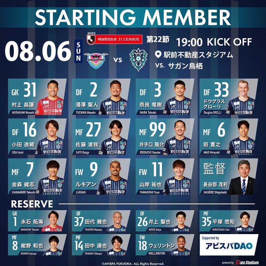 のインスタグラム：「🏆明治安田生命J1リーグ第22節🏆 #サガン鳥栖 🆚 #アビスパ福岡 ⏰19:00KO 🏟#駅スタ  本日のメンバーが発表されました🐝 熱い応援をよろしくお願いします‼️  #avispa」
