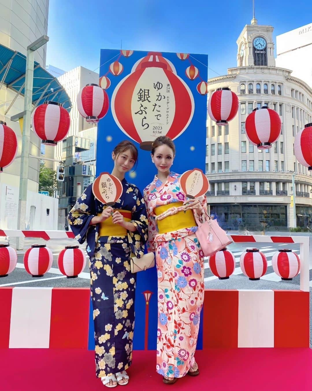 桜ゆみのインスタグラム：「浴衣〜💗💗  浴衣でお出かけしたいねー🥺ってなって調べたら 銀座で浴衣イベントがあっていってきたよ👶💞  お祭りほど揉みくちゃになったりしないし 快適すぎた〜🥺💞🫶🌼  浴衣は自分で頑張って着たよ😸 5年ぶりくらいだけどなんとか😅💞 慣れたら早くなりそう✨ もっと上達したいなー👶💗  . #ゆかたで銀ぶら2023」