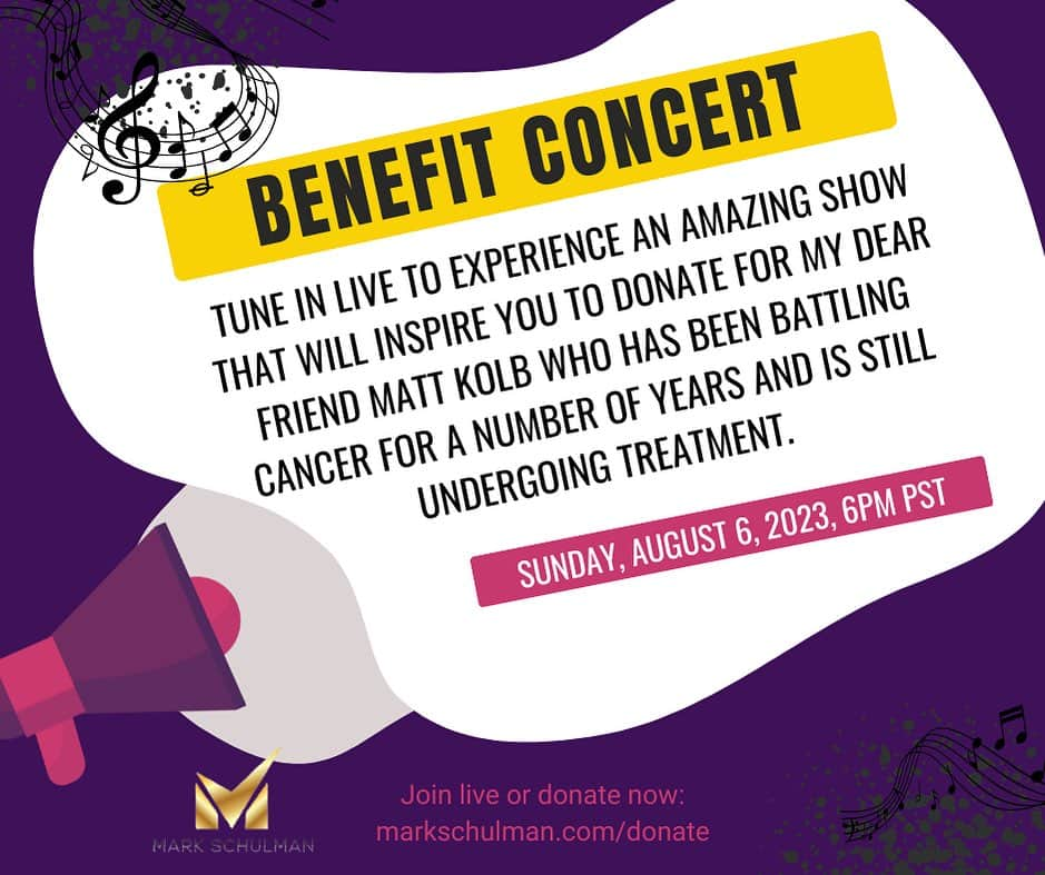 マーク・シュルマンのインスタグラム：「⠀ Tonight Aug 6th live on Facebook at 6pm PST the link is in my stories! Join me for a replay of the benefit concert for Matt Kolb, who is a stage four cancer patient in need of financial support for himself and his family. The show is amazing and the cause  is even better… See you there and thanks in advance for really changing someone’s life! 🩷  Link to donate in my bio!   #cancerbenefit #cancerawareness」