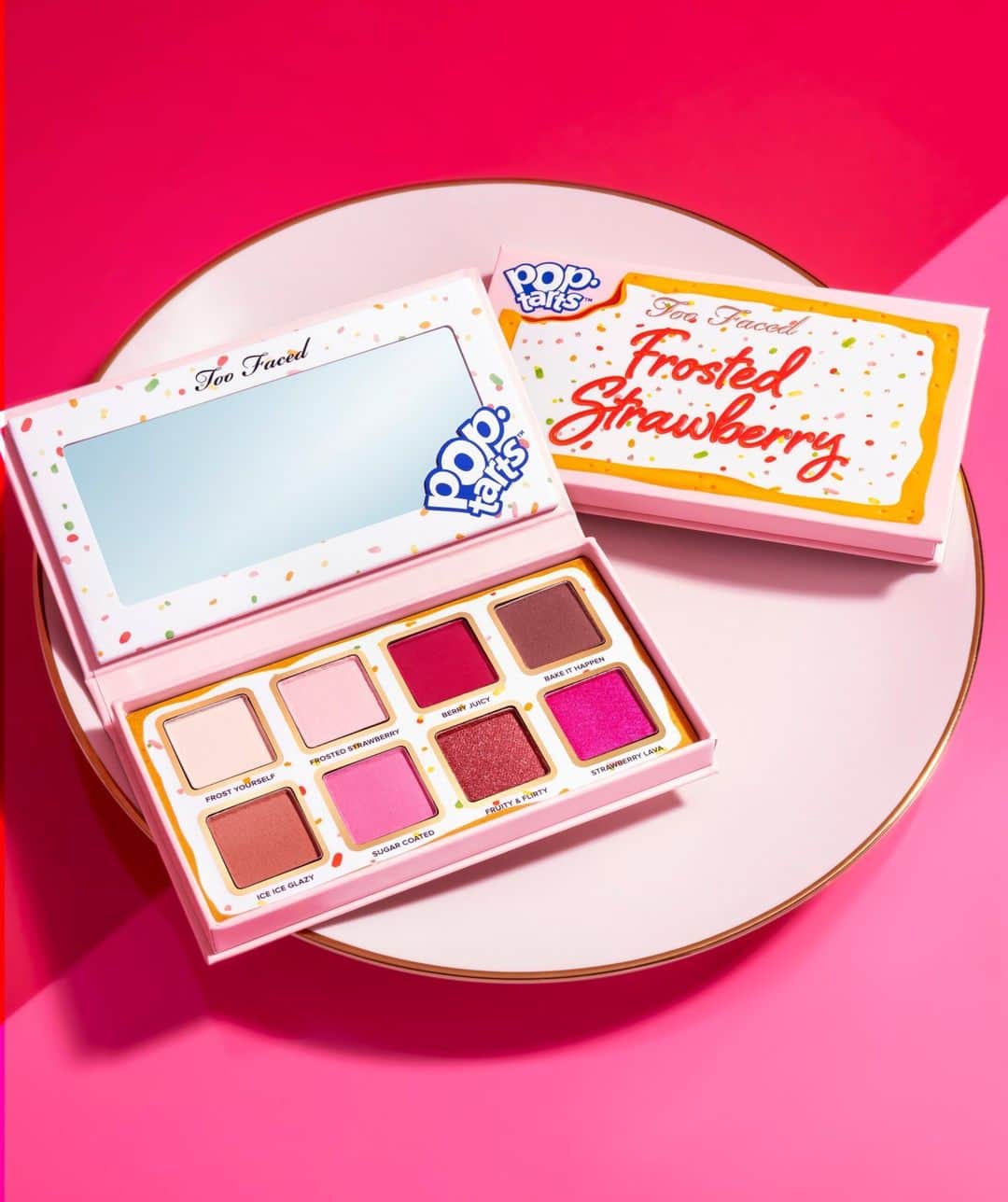 Too Facedのインスタグラム：「Our sweet fix for the day 😍🍓💖 These 8 pink & pretty pops of color inspired by the iconic Frosted Strawberry @poptartsus make the perfect bite sized eye shadow palette! Tap to shop! 😍 #toofaced #tfcrueltyfree #TooFacedXPopTarts」