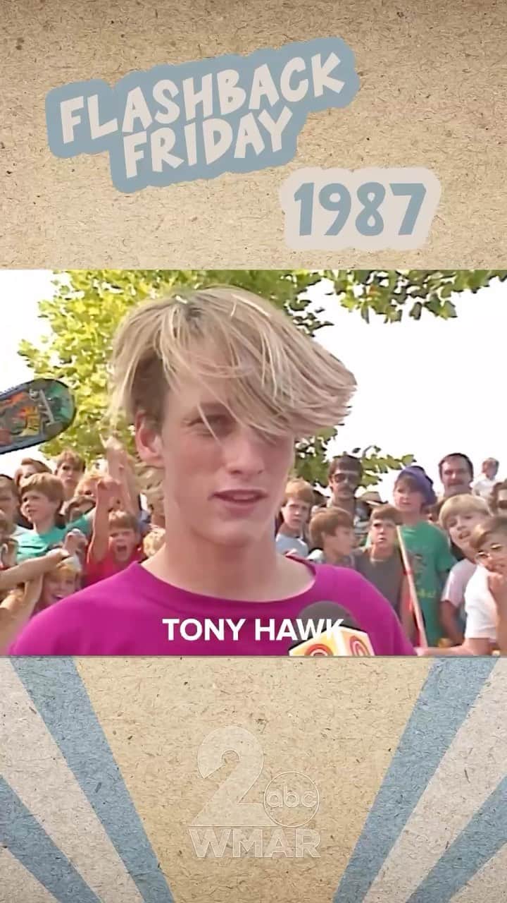 トニー・ホークのインスタグラム：「Local news coverage of a Bones Brigade tour stop in White Marsh, MD by @wmar2news. Not sure about the shop owner’s assessment of why kids chose skateboarding back then but it feels very 1987. This was an average day for us on an 8-week tour with very little down time… if any. And my hair was glorious. Thanks for the great memories @tommyguerrero @perwelinder @saiz5412」