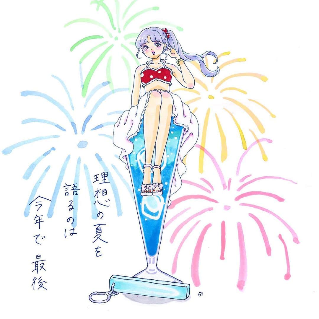 大石蘭のインスタグラム：「🎆  暑中お見舞い申し上げます              ここ数年に描いた、夏の絵を見返したりしていて、 思い出に浸るのも空想に耽るのももう充分、 更新してこう、と思ったのです。  . . #illustration #drawing #artwork   #fancy #fashionillustration  #character #kawaii  #girlyfashion #girlsillustration  #comic  #ガールズイラスト #ファッションイラスト #水玉 #レトロ #クリームソーダ #昭和レトロ #純喫茶 #花火 #水彩」