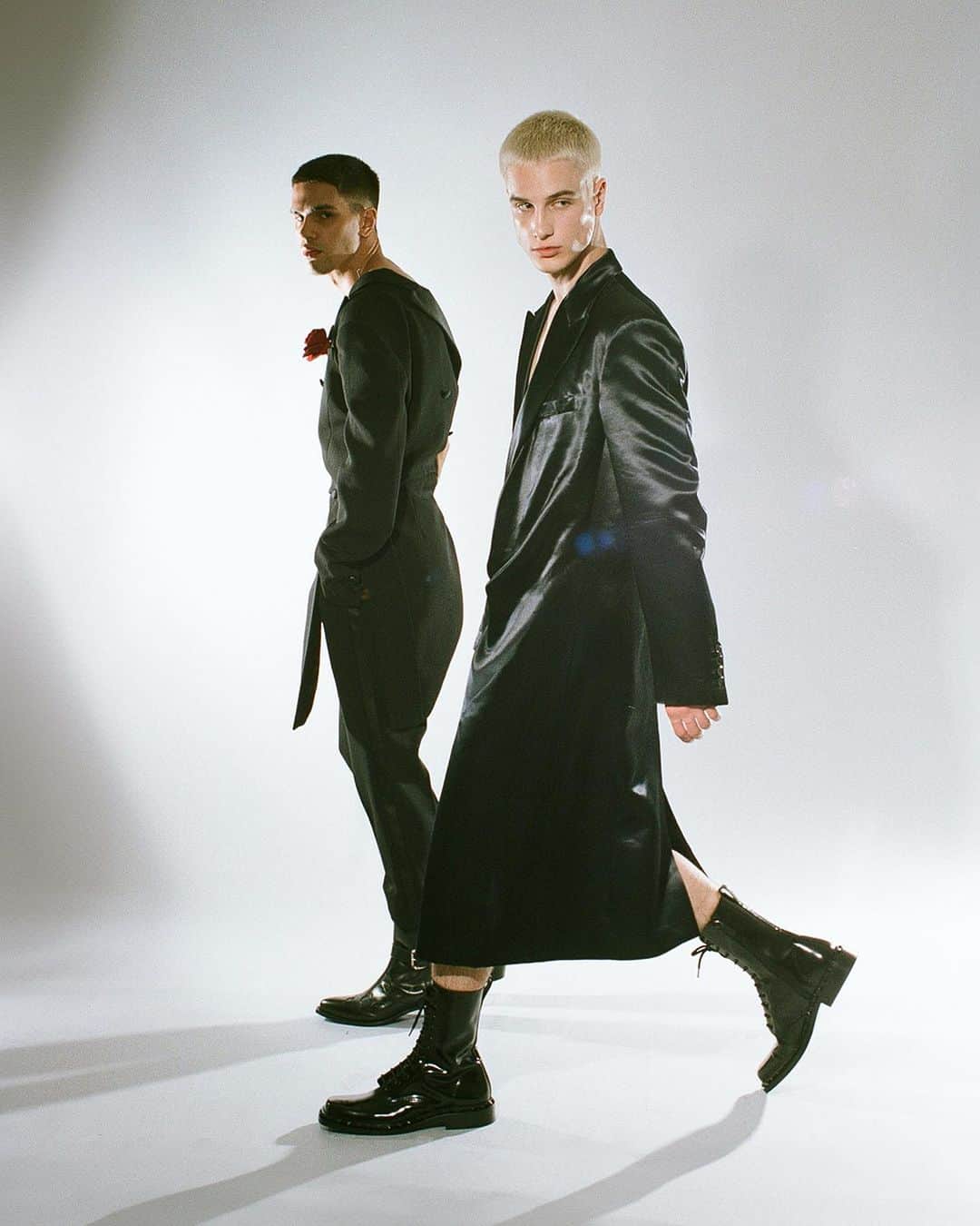 Moschinoのインスタグラム：「Just in case you need a break from hot pink. Moschino menswear, modelled by @denisjovanovich and @ikladi_balint, graces the pages of @manintownofficial   #MoschinoEditorials」