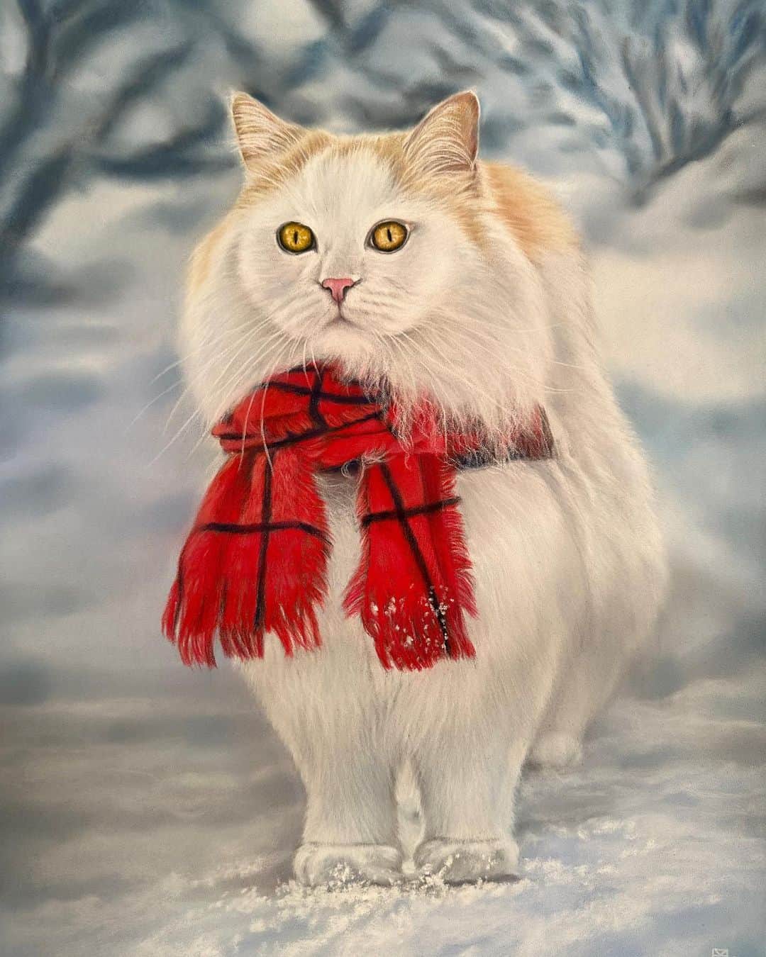 のインスタグラム：「This just arrived. You guys are all so amazing, thank you! A heartfelt thanks to each of you for this thoughtful group gift and to @maddie_and_phoebi for organizing the group. (people tagged below) This beautiful portrait of Lou by the amazing Maria of @lovecatart. I love the photo this is based off of. I loved seeing him out in the snow. You captured him perfectly in his little scarf, it's stunning. Thank you so much, I'm a big fan of her work. Plus a very generous giftcard to @volanakote. I absolutely love her work too. I have many Lou whiskers saved up that I used to pick up and put in a little ziplock. I will pick out something special. Thank you all so very much. This community is like no other and I'm so happy to know all of you as long as I have. 💗」