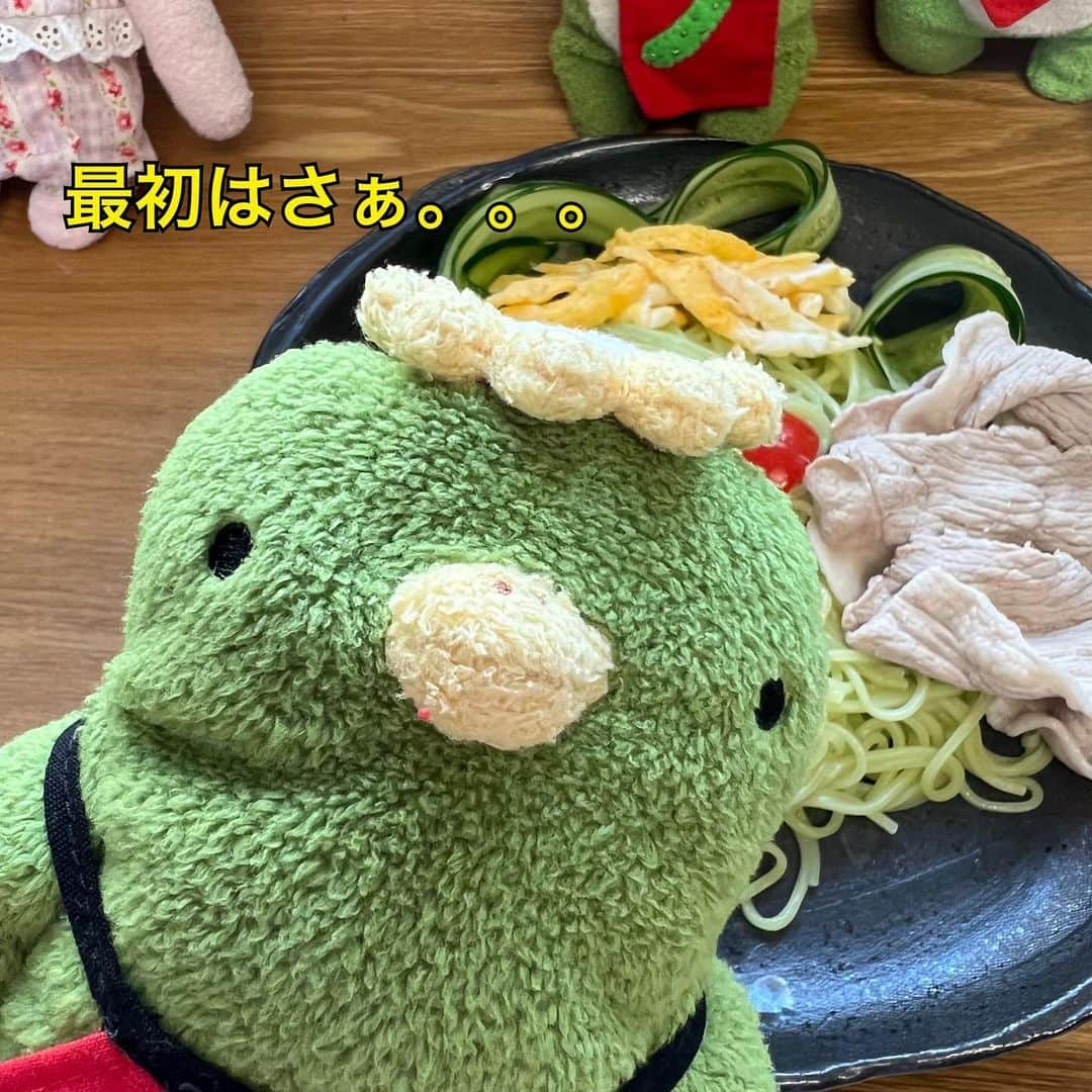 江口ともみさんのインスタグラム写真 - (江口ともみInstagram)「かっぱ麺ていうのもらったんだ✨  まさかボクたちの仲間が💦 って思ったらさ。。きゅうりの緑らしい😅良かったぁ  美味しかったよぉ❣️  #fumofumosan #フモフモさん #かっくん#ぱっくん #さらみ#さらし#まるも #かっぱ麺 #きゅうり水 #須賀川 #ゴマだれ#辛い味噌混ぜる #美味しかった」8月7日 22時01分 - tomomin.eguchi