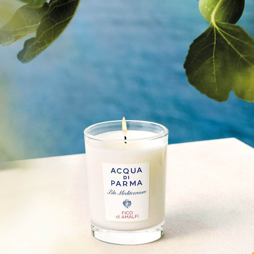 アクアディパルマのインスタグラム：「Infuse the home with the beauty of the Amalfi Coast. A candle that intertwines the sweet nectar of figs with the freshness of the sea, grounded in the deep warmth of cedarwood.  #AcquadiParma #BluMediterraneo #FicodiAmalfi #HomeCollection」