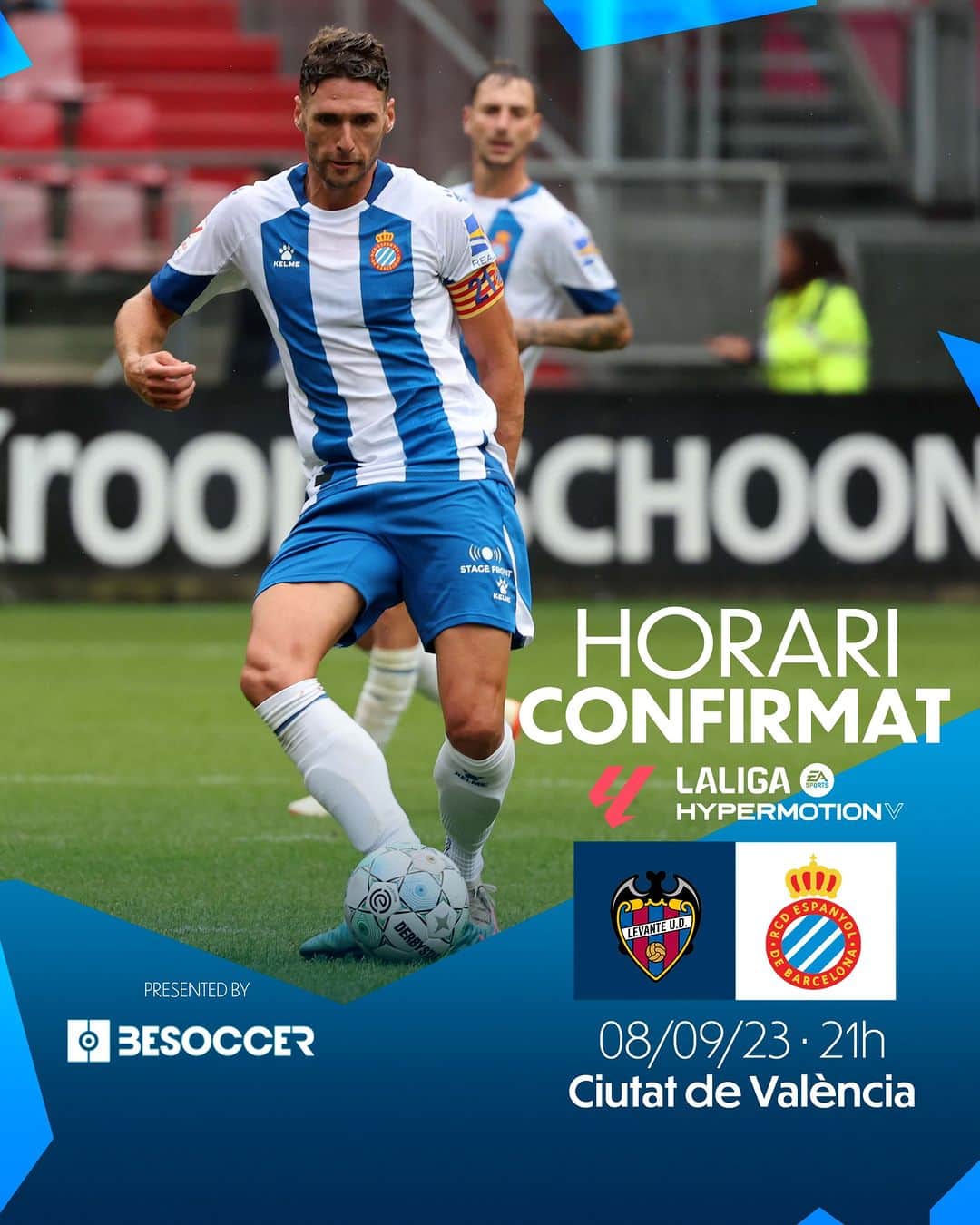 RCDエスパニョールのインスタグラム：「✅ HORARI CONFIRMAT | 𝗝𝗼𝗿𝗻𝗮𝗱𝗮 𝟓 🆚 @levanteud  🏟️ Ciutat de València 🗓️ Divendres 8/9/2023 · 21h 📺 @laliga TV / @vamos  #⃣ #LevanteEspanyol」