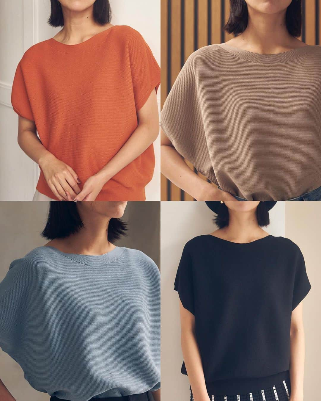 THE SHOP TKのインスタグラム：「BEAUTIFUL KNIT  ボートネックが顔まわりをすっきり見せてくれる美人ニット。  立体的で表面感のあるガーター編みが、カジュアルにもきれいめにもマッチしてさらっと1 枚でサマになる。  洗濯機で洗えて、毛玉になりにくいタフさも魅力。  UV カットや接触冷感の機能もあるから暑い季節から秋まで、しっかり着回せる逸品。  　 【美人ニット~晩夏色~】 price_¥4,290-tax in color_light blue,beige,orange,black size_M.L      ※ アイテム詳細は🏷 もしくは @theshoptk_official トップページ内URLからご覧下さい。 　   #theshoptk #ザショップティーケー #ニット #サマーニット #夏ニット #カラーニット #着回しアイテム」