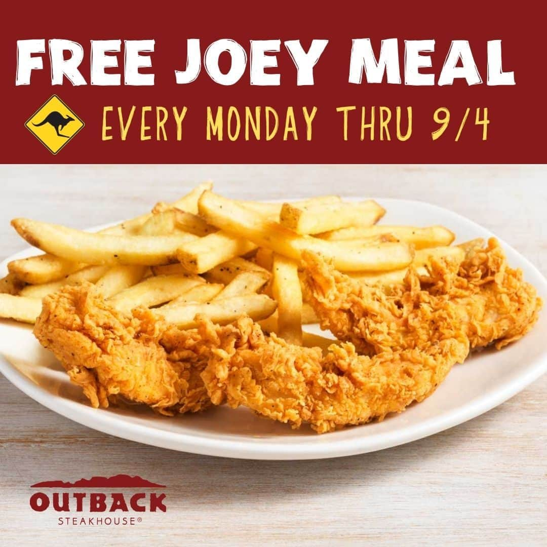 Outback Steakhouseのインスタグラム：「🚨 Kids Eat Free on Mondays! 🚨 Get a free Joey meal with purchase of an adult entrée. Available when you dine-in or order online using code SMILE, every Monday thru 9/4.   *Restrictions apply.」