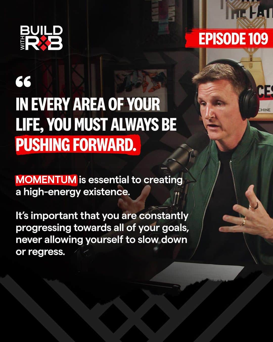 ロブ・ディアデックのインスタグラム：「Momentum is more important to your existence and your happiness than you may realize.  It is the thing that drives you toward the future you desire.  If you maintain forward motion, you don’t have time to dwell. But when you stop, you stagnate and leave room for anxiety to creep in. If you find yourself moving backward, you could be on the road to depression.  The latest episode of #BuildWithRob is all about understanding momentum, what it feels like, and how to perpetuate it every day to avoid disruption and escalate progress.  Episode 109 is out NOW. Hit the link in bio to listen.」