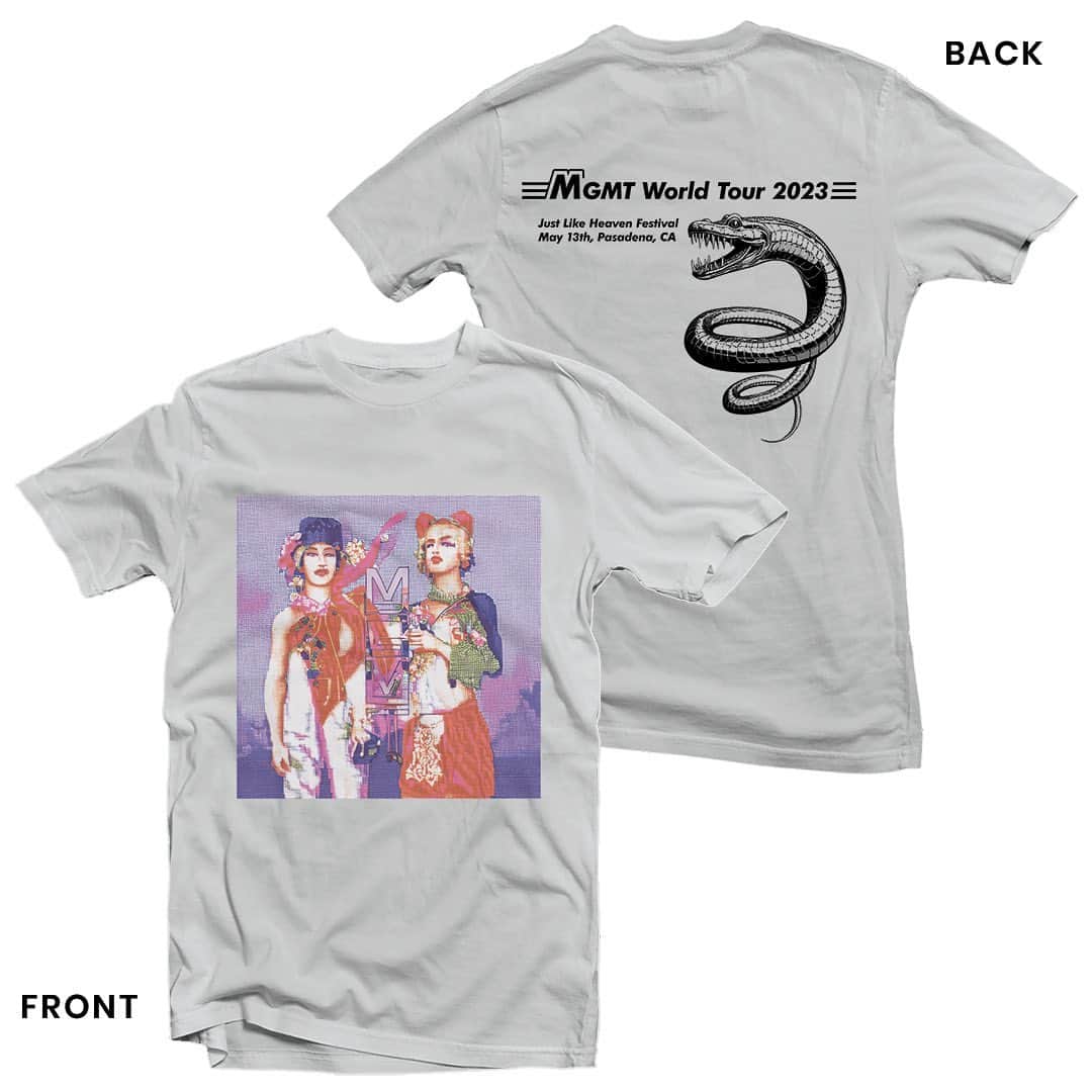 MGMTのインスタグラム：「Back by popular demand, we’re making a limited edition run of our 2023 World Tour shirts! These sold out quickly at the Just Like Heaven Festival in May so we want to give you another chance to capture a piece of that experience, and include those of you who weren’t able to attend. We’ll be taking pre-orders for ONE WEEK ONLY, after which these will be gone forever.  (Note: this is a pre-order, expected to ship in mid-September)  Link in bio」
