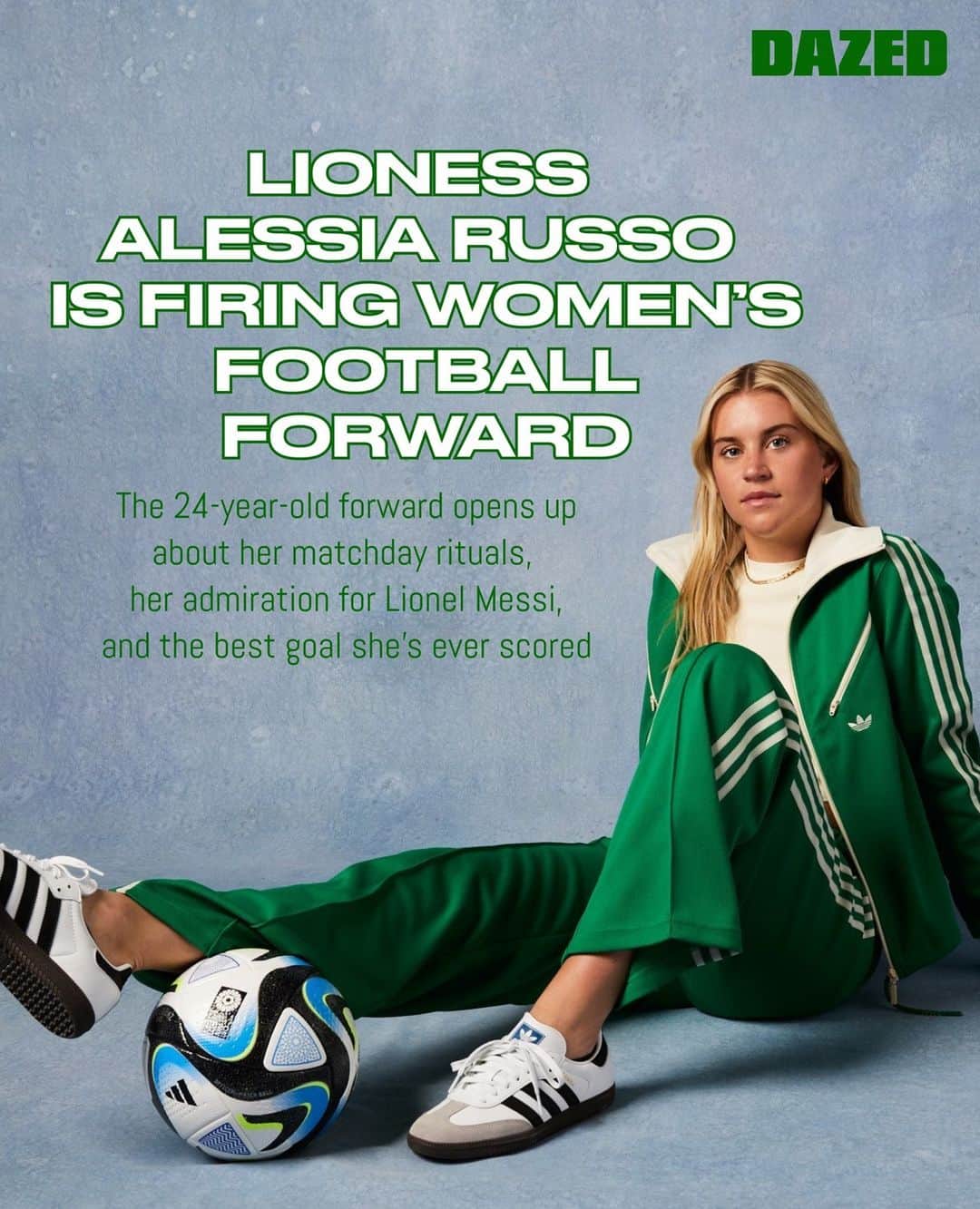 のインスタグラム：「“Soak it all in, enjoy it and leave the tournament with no regrets. That was my motto for the Euros and I want it to be the exact same for the World Cup,” @alessiarusso99 tells Dazed when asked what her gameplan is after making the England Women’s football squad ⚽⁠ ⁠ Growing up in a ‘football-crazy’ Sicilian family in Kent, 24-year-old Russo spent summers in Italy playing football on the beach. Her meteoric rise to stardom really accelerated while she was at @manutdwomen where she scored 26 goals in 59 appearances and helped the team finish second in a scintillating 2022/23 Women’s Super League season (it’s obvious how Russo got her ‘Lessi’ nickname, after Argentinian GOAT Lionel Messi).⁠ ⁠ “I want every girl to feel like football’s a place for them, whether they want to coach, play, referee,” she says. ⁠ ⁠ Read the full interview through the link in bio where @feliciapennat speaks to Russo about her go-to drills, emulating Michael Jordan and her dream World Cup scenario 🔗⁠ ⁠ 📷 @jessicaelizaross⁠ 👟 @kerrysaxonstylist @Adidas」