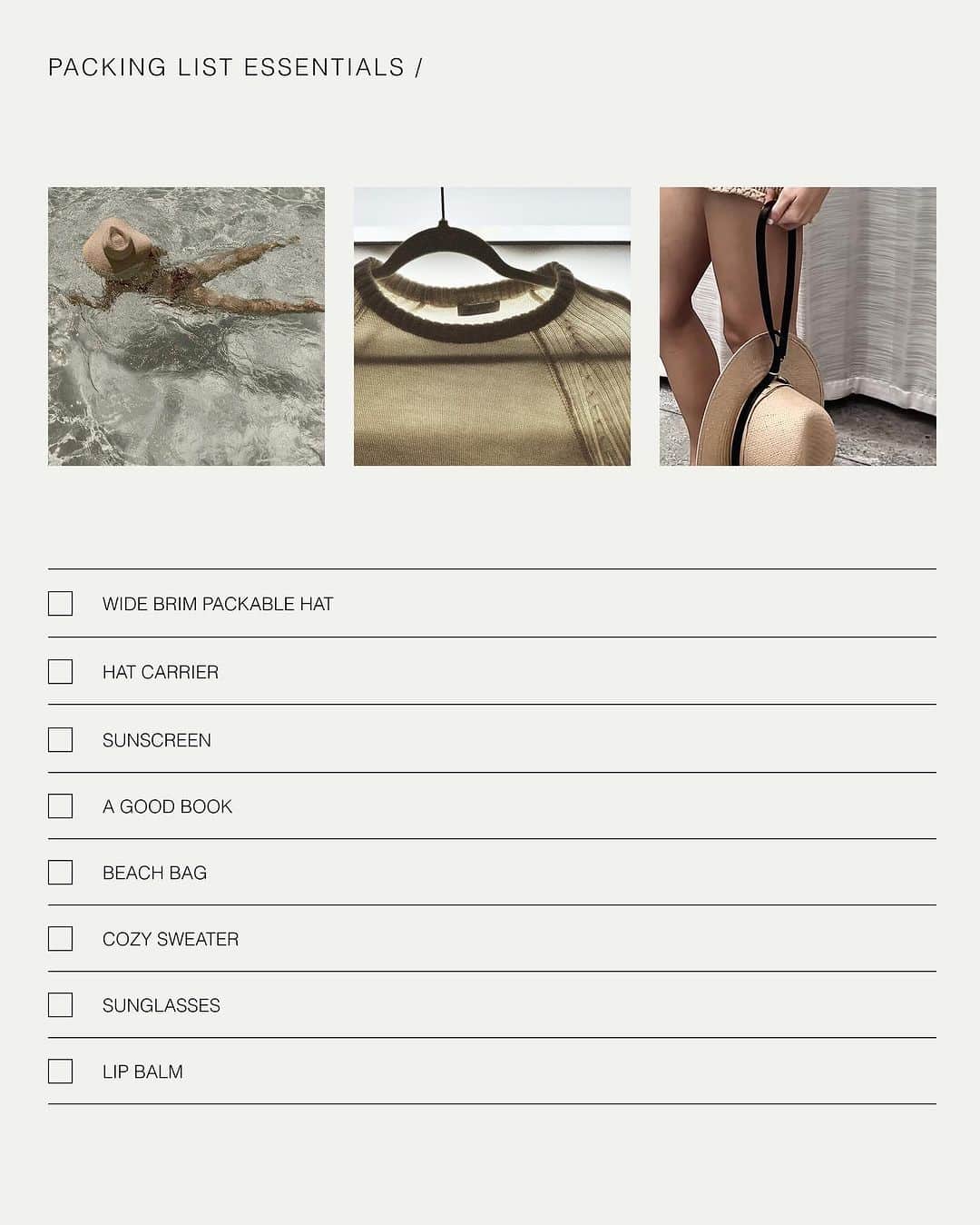 JanessaLeoneのインスタグラム：「PACKING LIST ESSENTIALS___ The perfect pieces for total submersion into leisure and a lost sense of time – designed for crucial sun protection and care for your skin.」