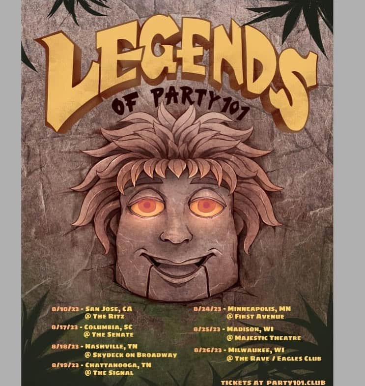 マット・ベネットのインスタグラム：「Tour dates! Get your tour dates! The Party 101 Legends tour is hitting the road this week and we’ve got a sick new poster by @neonluxi featuring the almighty Olrex 😉🗿. San Jose, brace yourselves for adventure. Tickets at Party101.club ily see you there」