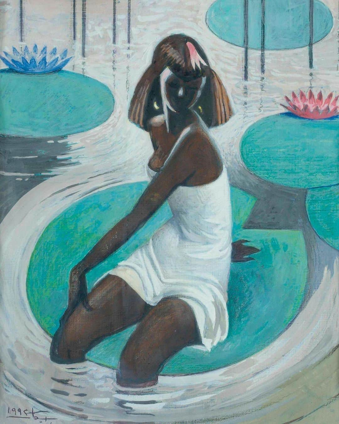 イマン・ハマンのインスタグラム：「long, hot summer ☀️  Hussein Bicar (Egyptian, 1912-2002), ‘Arouss Al Nubia (Nubian Bride)’ (1992), acrylic and tempera on paper, 34.5 x  Amani Azhari (Sudanese, b. 1998)  Anuar Khalifi (@anuarkhalifi), ‘Ghurba’ (2020) via @thethirdlinedxb.  Dora Dalila Cheffi (@doradalila) ❤  ‘There’s a Whole World out There, in Here’ (2022)- Pippa El-Kadhi Brown」