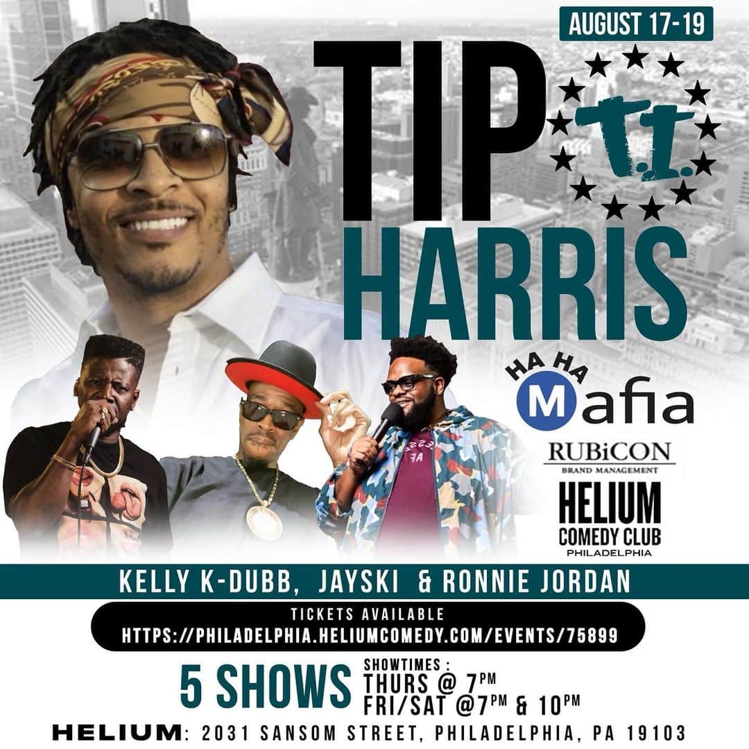 T.I.のインスタグラム：「Philly!!! YKWTFGO !!!! The wait is over...We Pullin 🆙!!! Come and see what the #HaHa's all about!!! We coming to #helium  @heliumcomedyphl to kick shhhh*t wit y'all all wknd so get ya sh_t together and cmon Pop fly wit @thehahamafia @comediankdubb23 @ronniejordan @darealjayski」