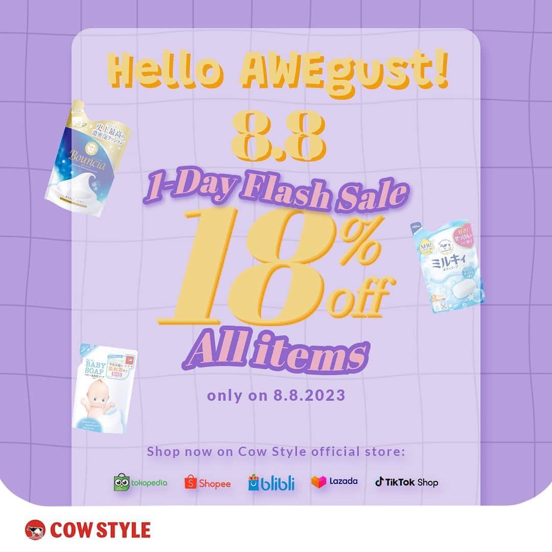 COWSTYLEIDのインスタグラム：「A 1-day sale 8.8!  Yuk belanja online di official store Cow Style yang ada di eCommerce kesayangan kamu!  Only today yaaa Check out🛒 check out🛒 check out🛒  #cowstyleindonesia #cowstylebeauty #promo88 #flashsale #flashdeal #obralkilat」