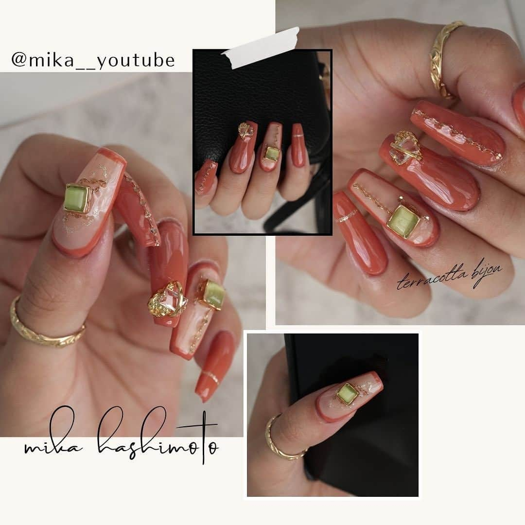 橋本実花のインスタグラム：「🧡🧡 more…➡︎ @mika__youtube   #セルフネイル　#ネイルyoutube   Gel @letizia_bymika  Parts @laau_nail  @d.nail_offical  @make.n_shop」