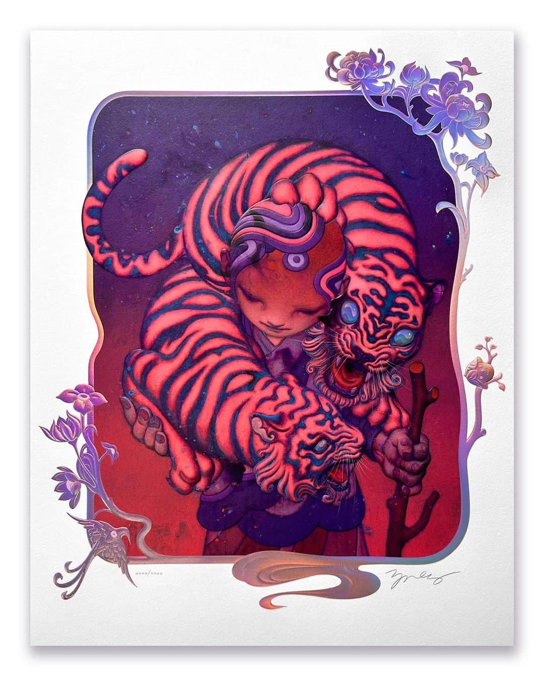 ジェームス・ジーンのインスタグラム：「Sanctuary is available today, Aug 8th at 8am PT for 24hrs only 🐯🐯 The two tigers emerge from the traveler’s robe. In perpetual motion, the tigers playfully struggle to achieve balance. Forever connected, the twin tigers embody the duality of nature while also protecting the traveler on his long journey to safety. Sanctuary features a dimensional and intricate framing element that is carefully integrated into the sculpted image, transforming the print edition into a new work evolved from the original painting. @jamesjeanstore」