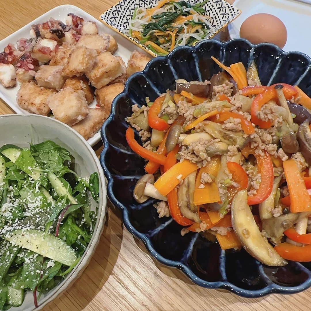 石川梨華のインスタグラム：「夜ごはん🤍  美味しいごま油を使ってナムル作りました！ @solsol.seoul  黒キャップのごま油が人気過ぎていつも買えなかったんだけど、一年越しにやっと買えました🥹 届くの楽しみ💓  麻婆茄子 カジキマグロの竜田揚げ タコの唐揚げ グリーンサラダ ゆで卵  タコの唐揚げは子供達の大好物💓 油めっちゃ跳ねるから大変なんだけど、喜ぶ顔が見たくて母ちゃん頑張ってリクエストに答えました😆✌️  #石川梨華 #モーニング娘og  #リアル梨華 #二児の母 #年子やんちゃボーイズ #よるごはん #チャーミークッキング」