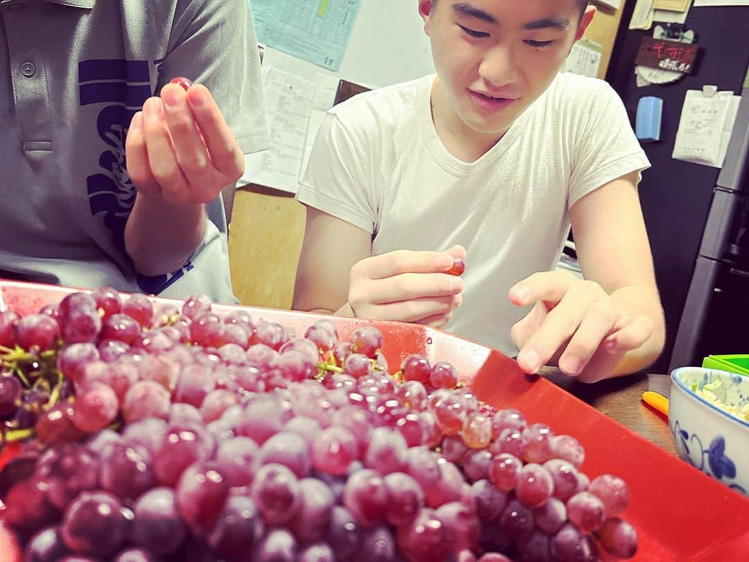 岡本安代さんのインスタグラム写真 - (岡本安代Instagram)「【石川ぶどう美味し🍇】 スマイルママのカマちゃんから、とーってもキレイなブドウが届きました！  きゃーーー！嬉しいー！ 『うおっ！こんなにたくさん！美味しそう！いい匂い〜！』 胃袋戦隊も大興奮！  なんと！ひとり一房という贅沢を味わうという夢の水菓子タイム🍇  トゥルンも口の中で広がるブドウの味わい。 あまーーーーーい！ カマちゃん！ごちそうさまでした！ありがとうございました！  #ぶどう #ブドウ #石川県  #スマイルママ #カマちゃん #走り続ける岡本家 #５人の子育てママウンサー  #岡本安代」8月8日 17時48分 - okamoto.yasuyo