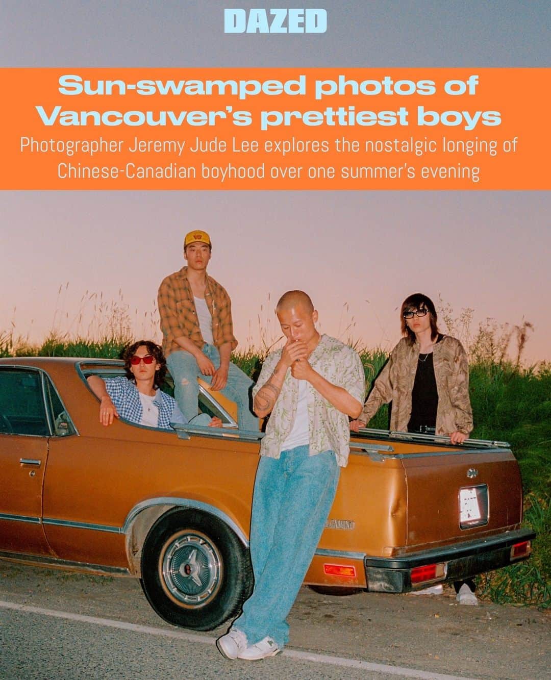 のインスタグラム：「The year is 2022, and the residents of Vancouver are experiencing an unseasonably warm summer – the sixth-hottest ever, to be precise. @jeremyjudelee, a photographer who lives in the Canadian city, remembers the time fondly. “The skies were a rich blue, like a gradient that falls all the way to the ground,” he recalls ☀️⁠ ⁠ As he made his way through the balmy city, Lee would make a note of the beautiful scenes that he came across, noting down the places that he recognised from growing up.⁠ These locations then became the basis of Lee’s newest work, Pretty Boys. Shot during that beautiful Vancouver summer, it’s the latest chapter in an ongoing series that, according to Lee, “explores ideas of Asian-Canadian belonging through the lens of nostalgia”.⁠ ⁠ Made in collaboration with the art director @megankwn, the project sets out to tell a story of their shared memories of Vancouver and their experiences growing up Chinese-Canadian.⁠ "Whenever I thought of photographing a fellow Asian man, the idea felt a bit vulnerable. It was like a self-portrait and I wasn’t ready to reveal so much about myself,” @jeremyjudelee tells Dazed.⁠ ⁠ "After reflecting on where I have been and where I wanted to go with my photography, I knew I wouldn’t be able to find a way forward without looking in the mirror, and finding something honest to say.”⁠ ⁠ Read the full interview through the link in our bio 🔗⁠ ⁠ 📷 @jeremyjudelee⁠ ✍️ @elliothoste」