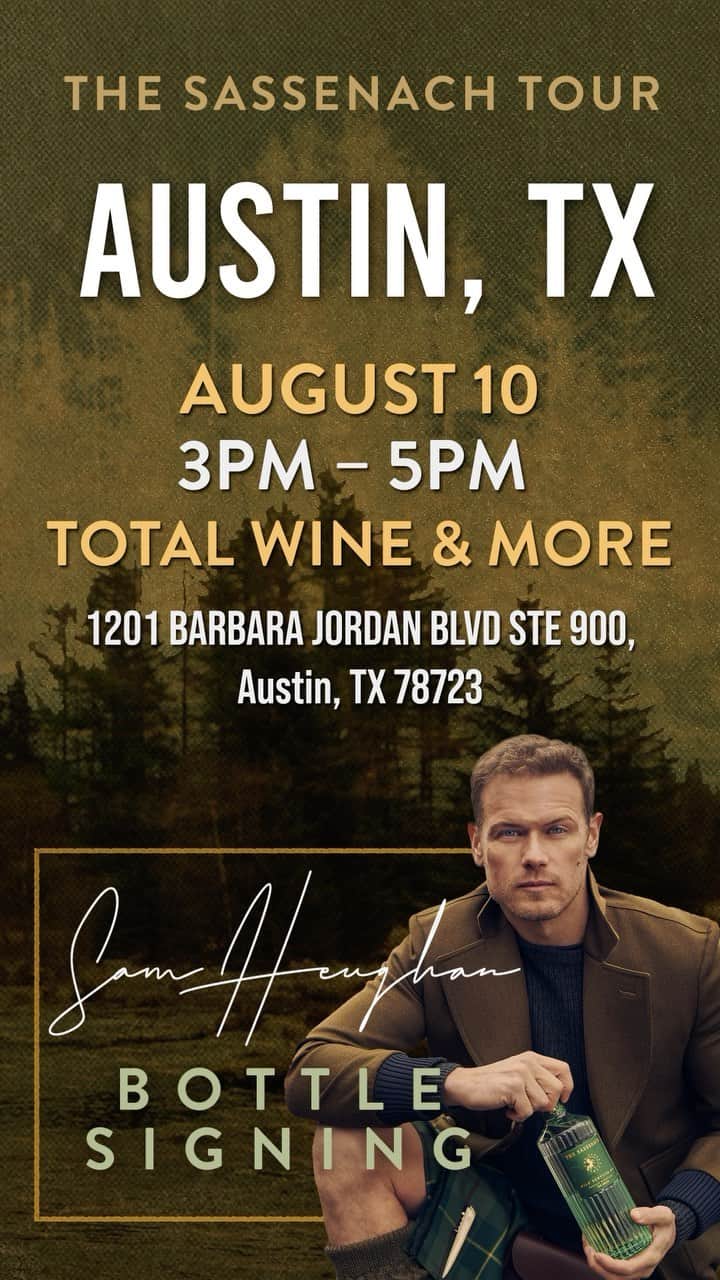 サム・ヒューアンのインスタグラム：「Next Stop: #AUSTIN🤠  Everything is bigger in Texas and so are our bottle signings! Celebrate the launch of the #Sassenach #WildScottishGin with us this Thursday, August 10th at @totalwine and get your new bottles signed! 🍸🍏  We’ll see you there, Austin!  Total Wine & More  1201 Barbara Jordan Blvd  Ste 900, Austin TX   Thursday, August 10th 2:00pm – 4:00pm  . . . #SamHeughan  #SassenachSpirits  #Gin  #Whisky」
