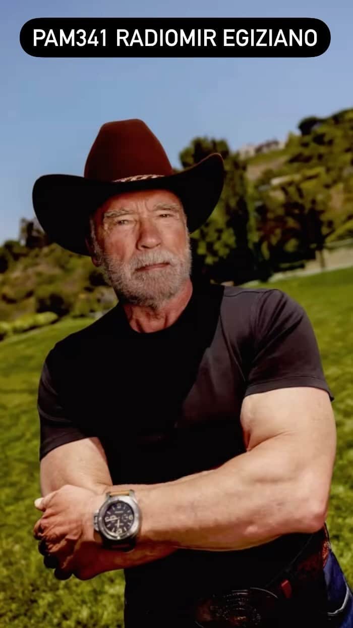 パネライのインスタグラム：「Not many people can rock a 60mm watch, but @schwarzenegger seems to do it with ease. Here he is wearing the PAM341 Radimior Egiziano Special Edition in the latest edition of the Financial Times Magazine @financialtimes . This piece is limited to only 500 pieces worldwide.  @panerai developed their diving watch which was known as the GPF-2-56 which later became known as the “Egyptian” due to it being supplied to the Egyptian Navy with the consent of the Italian Navy. Commonly known as the Egiziano, which is Italian for Egyptian, was the inspiration model for the modern submersible we have grown used to.  This PAM341 is a homage to it’s roots from the beginings of the brand.  Images by Tracy Nguyen  #panerai #paneraicentral」