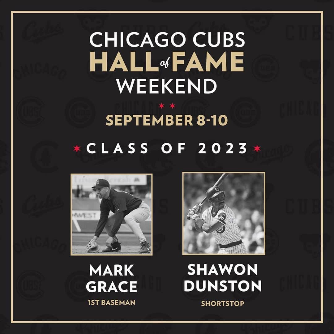 シカゴ・カブスのインスタグラム：「Celebrate Cubs legends Mark Grace and Shawon Dunston at Wrigley Field with us September 8-10! Fans can enjoy special recognitions and giveaways to honor these fan-favorite players as they are inducted into the Cubs Hall of Fame.  New for fans launching Friday, September 8, a pop-up exhibit presented by @watchmarquee at @gallagherwaychi will be open through the end of the regular season. It will feature jerseys, bats, baseballs, trophies, awards and more from the Chicago Cubs and Wrigley Field Archives. Notable items include the 1876, 1907 and 1908 Championship trophies, Ernie Banks' 1959 MVP Award, Fergie Jenkins' 1969 game-used jersey, Pat Hughes' 2023 Ford C. Frick Award and more.」