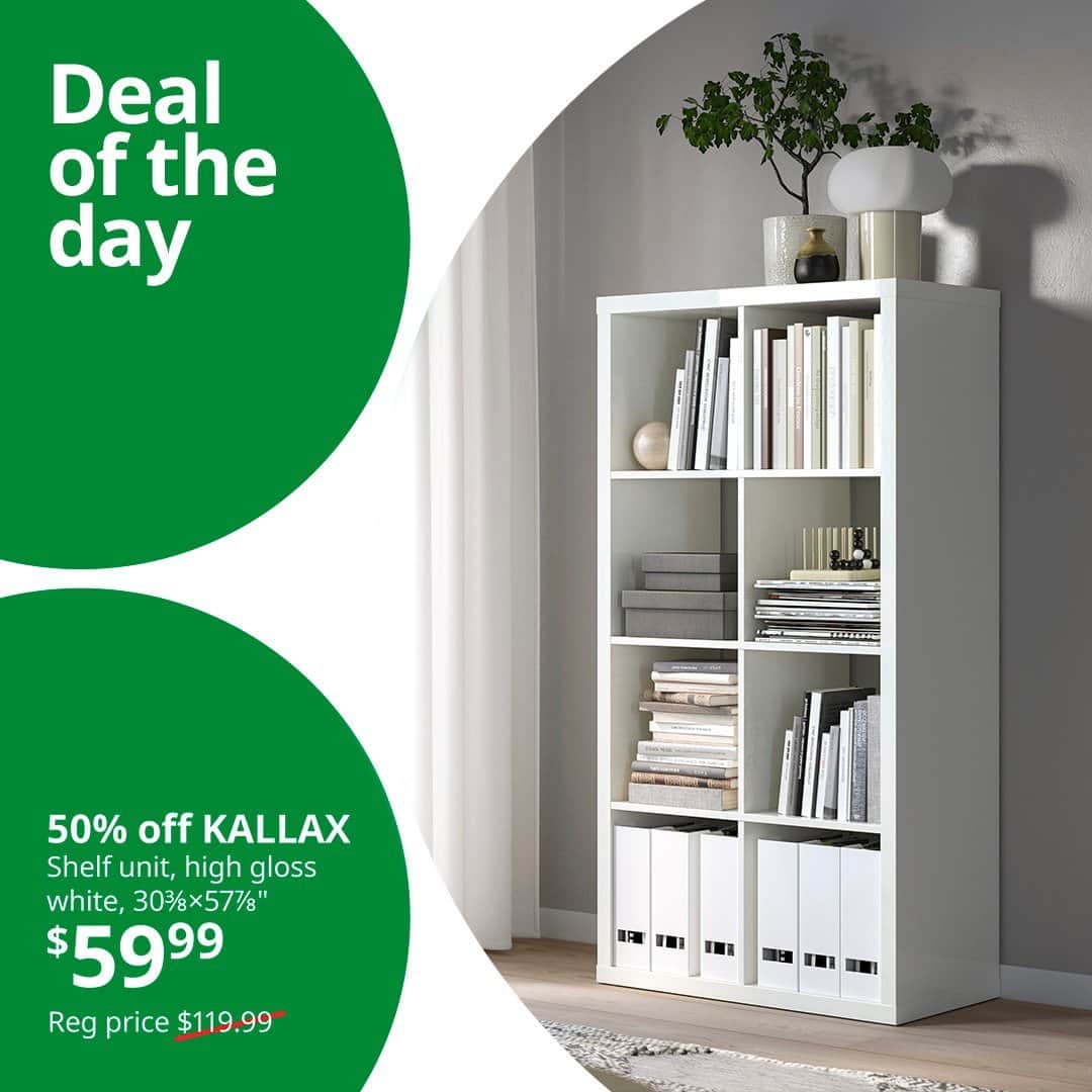 IKEA USAのインスタグラム：「Hurry, get 50% off this KALLAX shelf unit today only, online only at link in bio! Head’s up: During the IKEA 80th anniversary sale, there will be a huge deal of the day every Tuesday online through Labor Day. It’s the biggest sale of the season!」
