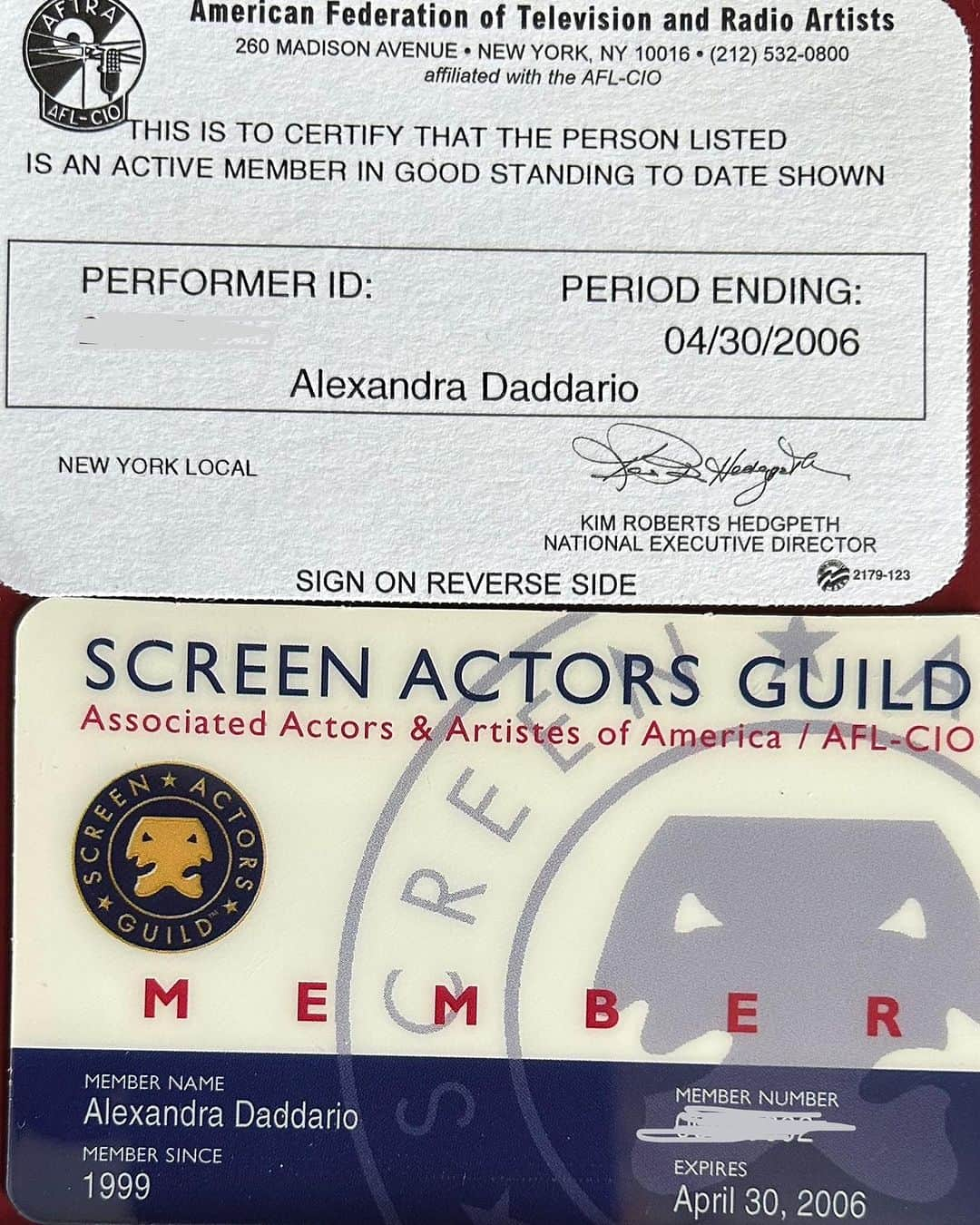 アレクサンドラ・ダダリオのインスタグラム：「🪧, remembered I never get rid of anything. Found my union cards from before sag/aftra merged! Those residual checks always saved me when I lived in nyc. Grateful they were fought for. #sagaftra #sagaftrastrong」