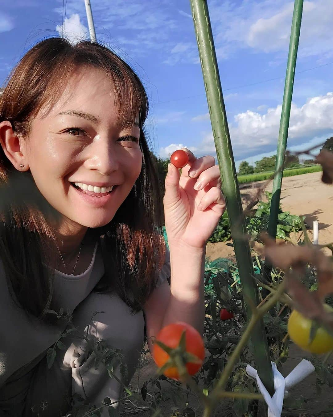 佐藤純のインスタグラム：「実家へ🚙  ご近所さんの畑で無農薬のミニトマトやキュウリをいただきました🍅🥒  その場でパクっ😋  美味し～💕  #春日部 #畑 #野菜 #無農薬野菜 #ミニトマト #キュウリ #ママ #ママモデル #モデル #mama #mamamodel #model」