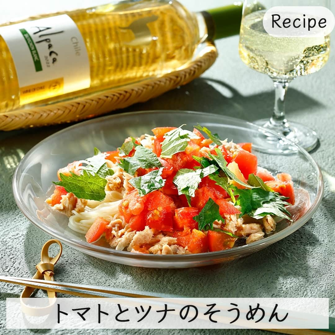 サンタ・ヘレナ『アルパカ』のインスタグラム：「ワインに合う♪そうめんレシピ教えます🍷⁠ ⁠ 夕飯がそうめんの日や、シンプルなそうめんに飽きた時に試してみてくださいね😊⁠ ⁠ 酸味と塩味のあるトマトとツナを合わせるため、キリッとフレッシュで爽やかなソーヴィニヨン・ブランを選びました♪⁠ ⁠ 【材料】（2人分）⁠ トマト：1個⁠ そうめん：2束⁠ ツナ缶詰：1缶⁠ めんつゆ（2倍希釈タイプ）：大さじ3⁠ しょうが（すりおろし）：小さじ1⁠ 大葉：お好み⁠ ⁠ 【作り方】⁠ ①トマトはざく切りにして冷凍する⁠ ②そうめんを茹でて冷水でさっと洗い、ザルに上げて水気を切る⁠ ③①にめんつゆとしょうがをくわえ混ぜる⁠ ④器にそうめんを盛り、ツナと③をかける⁠ ⑤手でちぎった大葉をかける⁠ ⁠ 作ってみたい！と思ったら保存してね👆⁠ ⁠ ┈┈┈┈┈┈┈┈┈┈┈┈┈┈┈┈⁠ ハッシュタグ、⁠ #今日のアルパカ #アルパカワイン⁠ で、みなさんからの投稿を募集中🍷⁠ 公式アカウントでご紹介させていただきます！⁠ おすすめのおつまみや、アルパカと一緒に食べたおうちごはんなど、投稿をお待ちしています！⁠ ┈┈┈┈┈┈┈┈┈┈┈┈┈┈┈┈⁠ ⁠ #alpaca#alpacawine#チリワイン#デイリーワイン#コスパワイン#リーズナブルワイン#ワイン好きな人と繋がりたい#ワイン好きと繋がりたい⁠#お酒好きな人と繋がりたい#ワイン好き#ワインのある暮らし#おうちワイン#家飲み#宅飲み#晩酌#晩酌タイム#白ワイン#白ワインに合う#おつまみ#ワインのお供#ワインのつまみ#ワインに合うおつまみ#winelovers#winetime#夏メニュー#そうめんレシピ#そうめんアレンジ#夏レシピ」