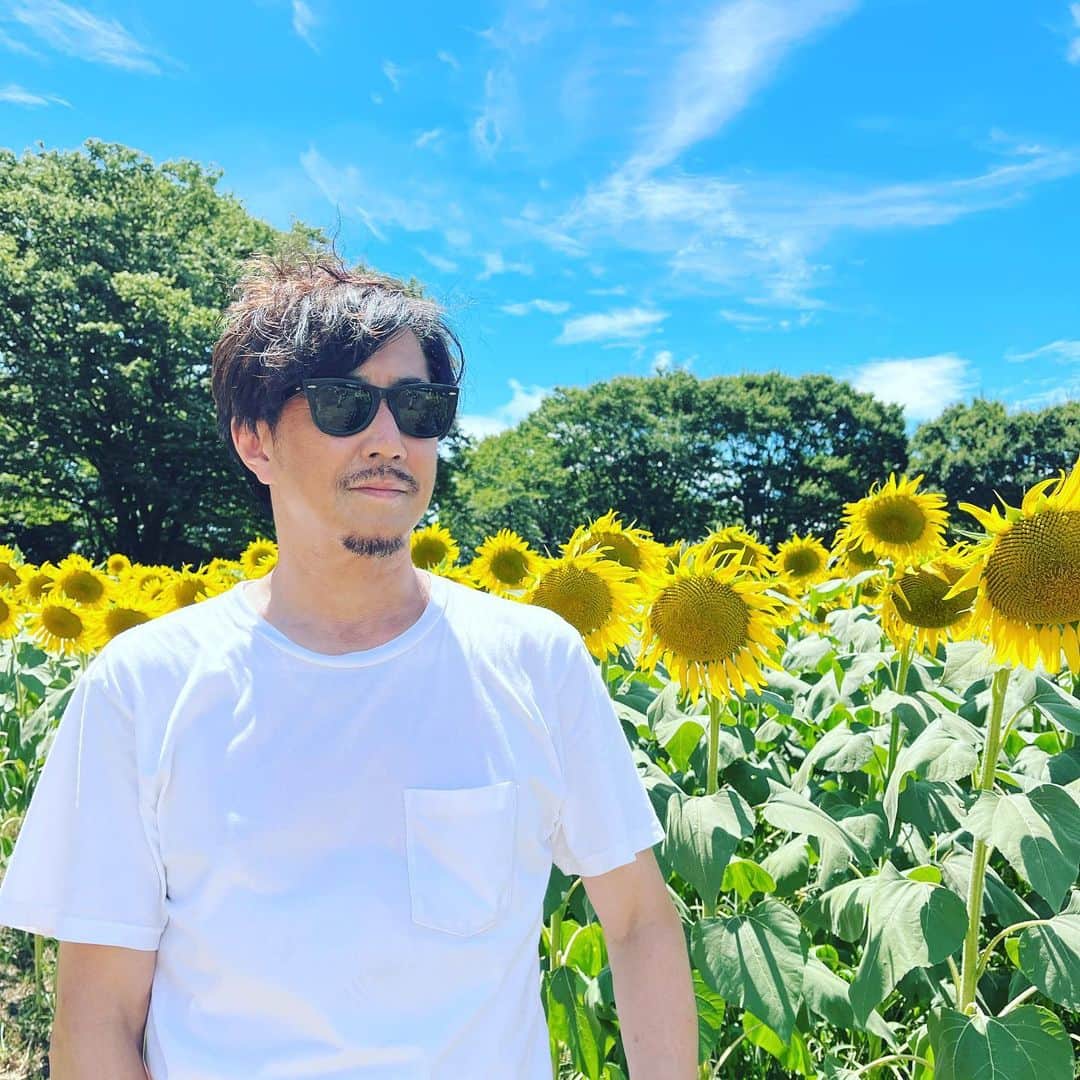 水谷あつしのインスタグラム：「『あたっくNO.1』に向けて、久しぶりに髪もばっさりすっきりしました。  夏らしい一日。 昭和記念公園の向日葵畑。 今年はやはり暑いっ！ 日差し要注意ですっ。  本日10時から『あたっくNO.1』出演者先行予約がスタート！  instagramのトップページリンクから宜しくお願い致します🙇‍♂️」