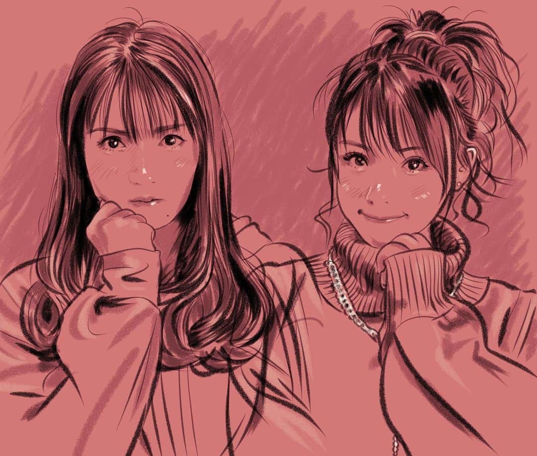 てらりんのインスタグラム：「再掲『道重さゆみさん(@sayumimichishige0713 )と田中れいなさん(@tanakareina.lovendor )』  #イラスト #道重さゆみ #田中れいな #illustration #portrait #michishigesayumi #tanakareina」
