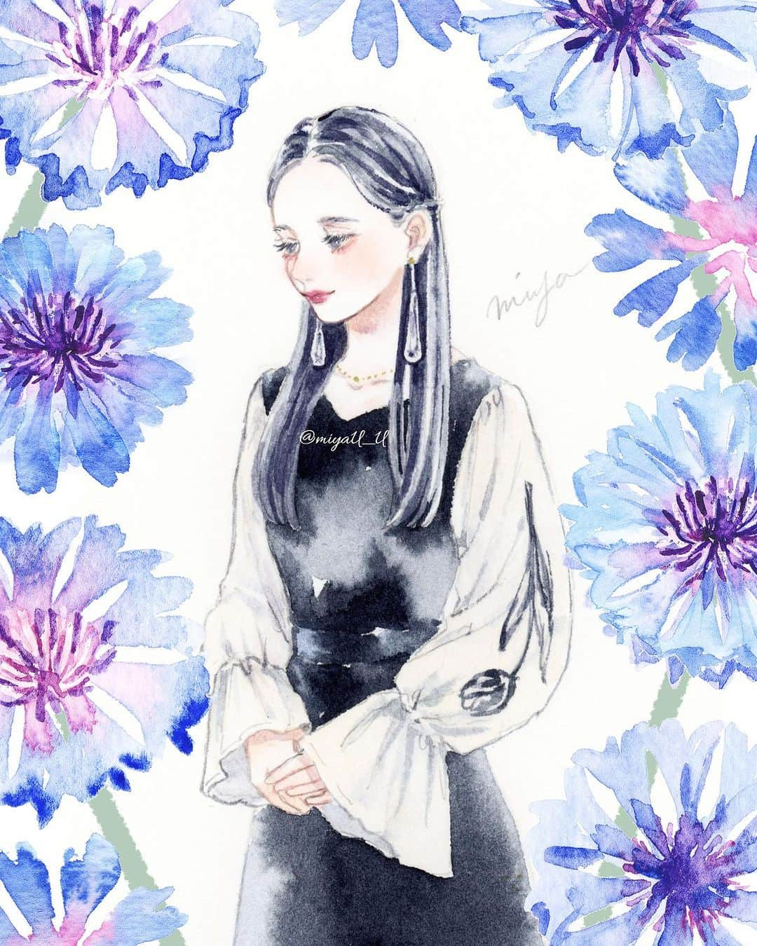 miya(ミヤマアユミ)のインスタグラム：「ヤグルマギク  #花kotoba🌸  #花 #flower #flowers  #artwork #watercolor #水彩 #透明水彩 #art #illust #illustration #draw #illustrator #イラスト #イラストレーター #手描き #アナログ #アナログイラスト」