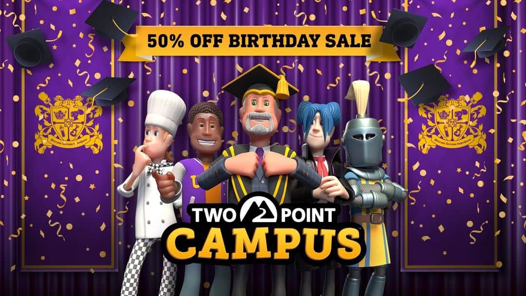 のインスタグラム：「Happy Birthday, Two Point Campus! 🎉  Celebrate with us and build the university of your dreams for up to 50% off. Offer ends August 10th, don't miss out! Link in our stories 💙」