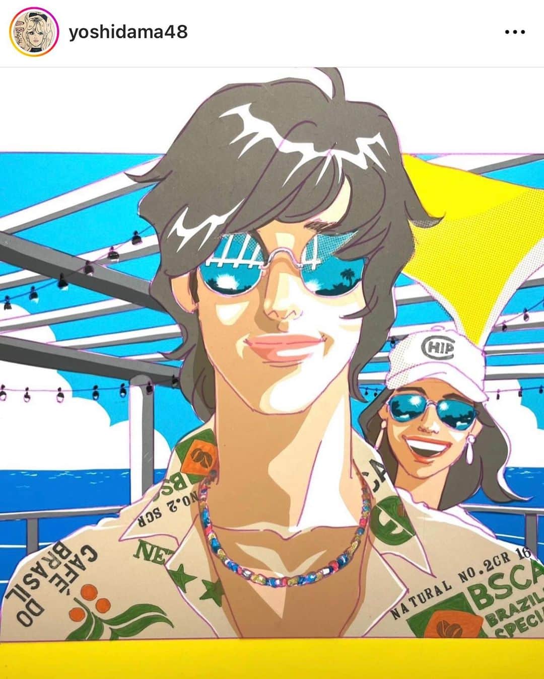 江口寿史のインスタグラム：「古い友人のマンガ家 吉田まゆみ先生が手がけた田上敏嗣というミュージシャンのCDジャケを見て、80年代に描いたイラストを再使用したものと思ったら、なんとバリバリ最新の描きおろし！2023年NOWの仕事だった！昔使って残ってたパントーンで昔ながらのやり方で切って貼って着色したという。感動した！今これをやるのが素晴らしい！  よしだま先生とは80年代のある時期、親しく遊んでて、絵の方向が同じところを見てた。パントーンの使い方とかお互い競い合ったり刺激を受けあったりしてた。あの時期おれは絵のライバルは吉田まゆみだと思ってたよ。盟友とも言うか。 困るなあ今またこんなことされると。おれも80年代に使ってたパントーンまだいっぱい残ってるんだよ。これ使ってまたアナログで絵作ってみようかなー。ウズウズしてきたよ。😆  @yoshidama48」