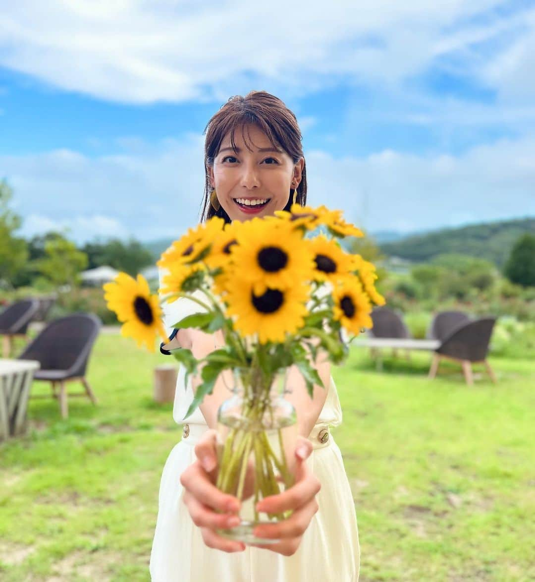 上村彩子のインスタグラム：「. . Nスタの中継で、先週はもも狩り、今週はひまわり🌻 夏らしさを写真でおすそ分けです〜  #🌻　#Nスタ」