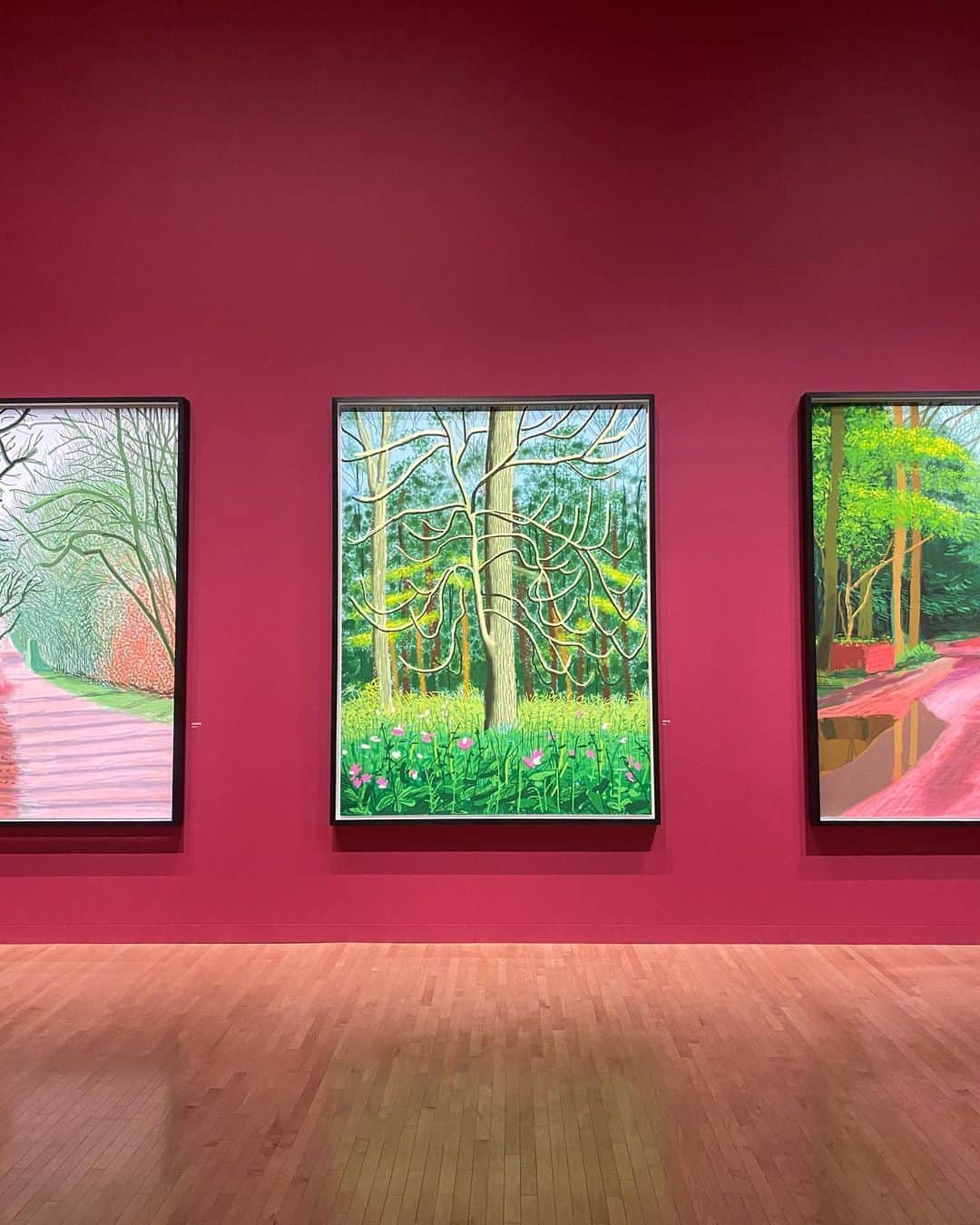 浅見姫香さんのインスタグラム写真 - (浅見姫香Instagram)「Does David Hockney tend to paint his favorite subjects well? Maybe it was because he cared for the people around him. The work "Dog days" depicts his two dachshunds from different angles. He also paints flowers well, and often features his beloved lover and parents in his paintings. In his later years, he used an iPad to paint a number of landscapes seen from the window of his home. I wonder where the road to “The Arrival of Spring" leads to. It's so cheerful and bright that a walk would be fun. For the first time in a long time, he saw a work with the feeling that he was painting what he wanted to paint honestly, without hiding the painter's stubbornness. I bought a postcard to my mother of his work "Parents (1977)", but she unexpectedly replied "I'm scared" and laughed.  デイヴィッド・ホックニーは好きな対象を良く描く傾向があるのか。きっとそれは、彼が周りの人を大切にしていたからであろう。 “Dog days”という作品は、彼の愛犬である２匹のダックスフンドを様々な角度から描いている。花の絵も良く描いているし、彼の恋人や両親を度々、絵に登場させている。晩年は、iPadを使い自宅の窓際から見える風景をいくつも描いている。 「春の到来」と言う作品の道は、どこへ繋がっているのかなぁ。と散歩が楽しくなりそうなほど朗らかで明るい。 久しぶりに画家の気難しさが見え隠れせず、素直に描きたい物を描いているのであろう感覚の作品を見た。母に「両親(1977年)」という作品のポストカードを買っていったが「なんか怖い」と返って来たのは予想外で笑った。 デイヴィッド・ホックニーの両親の写真は、ワタリウム美術館で飾ってあった時の物。デイヴィッドのポップな装いとチャーミングさは、両親から受け継いだんだろうな。」8月9日 19時07分 - himeka_asami_official
