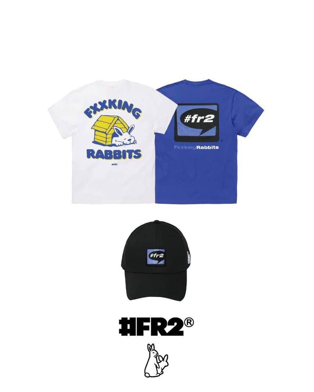#FR2のインスタグラム：「#FR2 Summer 23 Collection🐇🐇🔥  ■Rabbit House T-shirt  ■Player Logo Embroidery T-shirt  ■Player Logo Embroidery Six Panel Cap  Available Now.  We ship worldwide.  #FR2#fxxkingrabbits#頭狂色情兎」