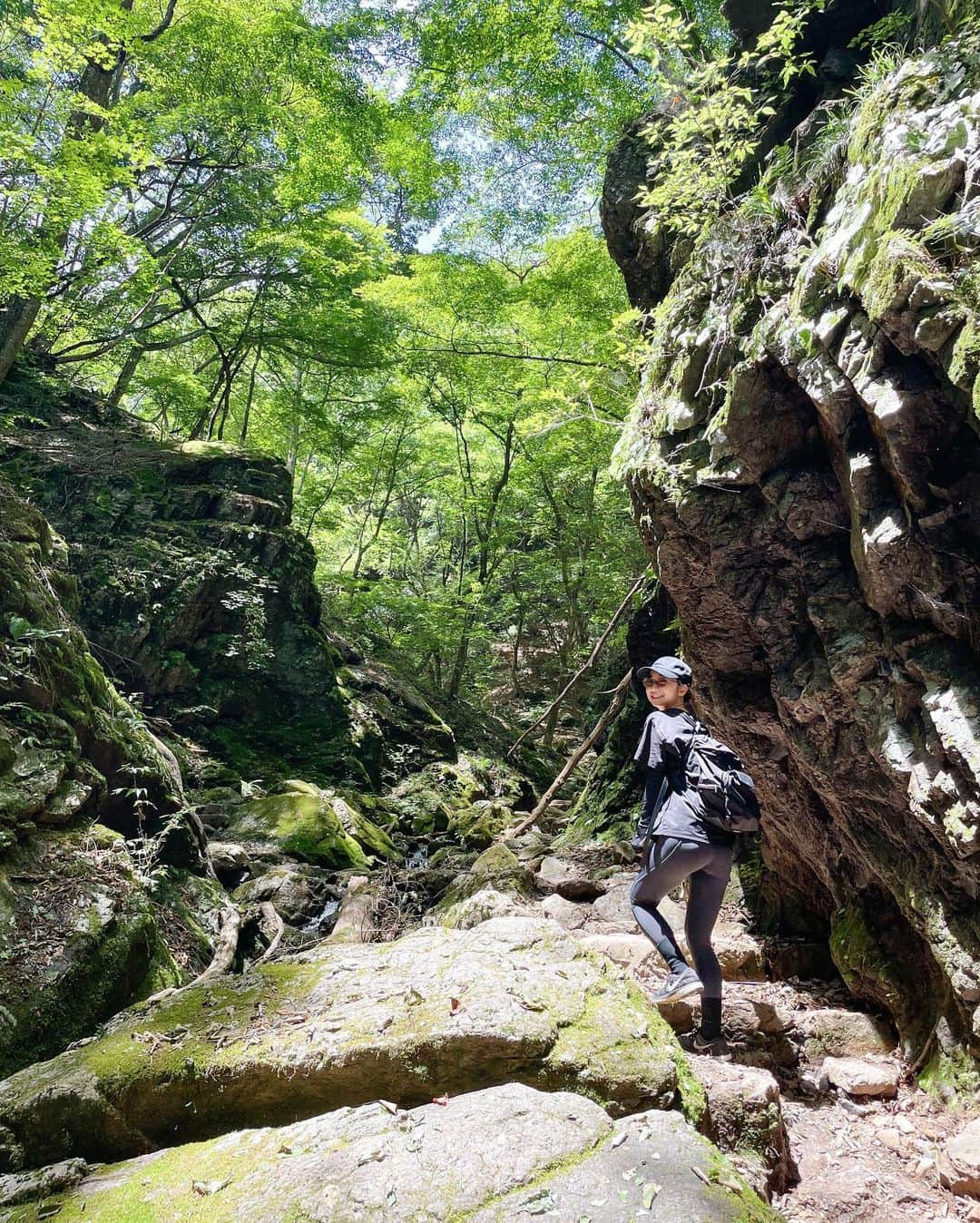 田原可南子のインスタグラム：「御岳山⛰️  この日は真夏の始まりでしたが 山に入れば木々に守られ沢が流れ 涼しさを感じられて気持ちよかった🍃  武蔵御嶽神社で参拝してから 長尾平、七代の滝、 天狗岩、ロックガーデンを通り 綾広の滝をゴールに往復5時間弱。  パワーを感じられる山でした。  下山後はかき氷で涼み 透き通った多摩川で水を浴びて涼み…  次はどこの山に登ろうかな🌳  #御岳山 929m」