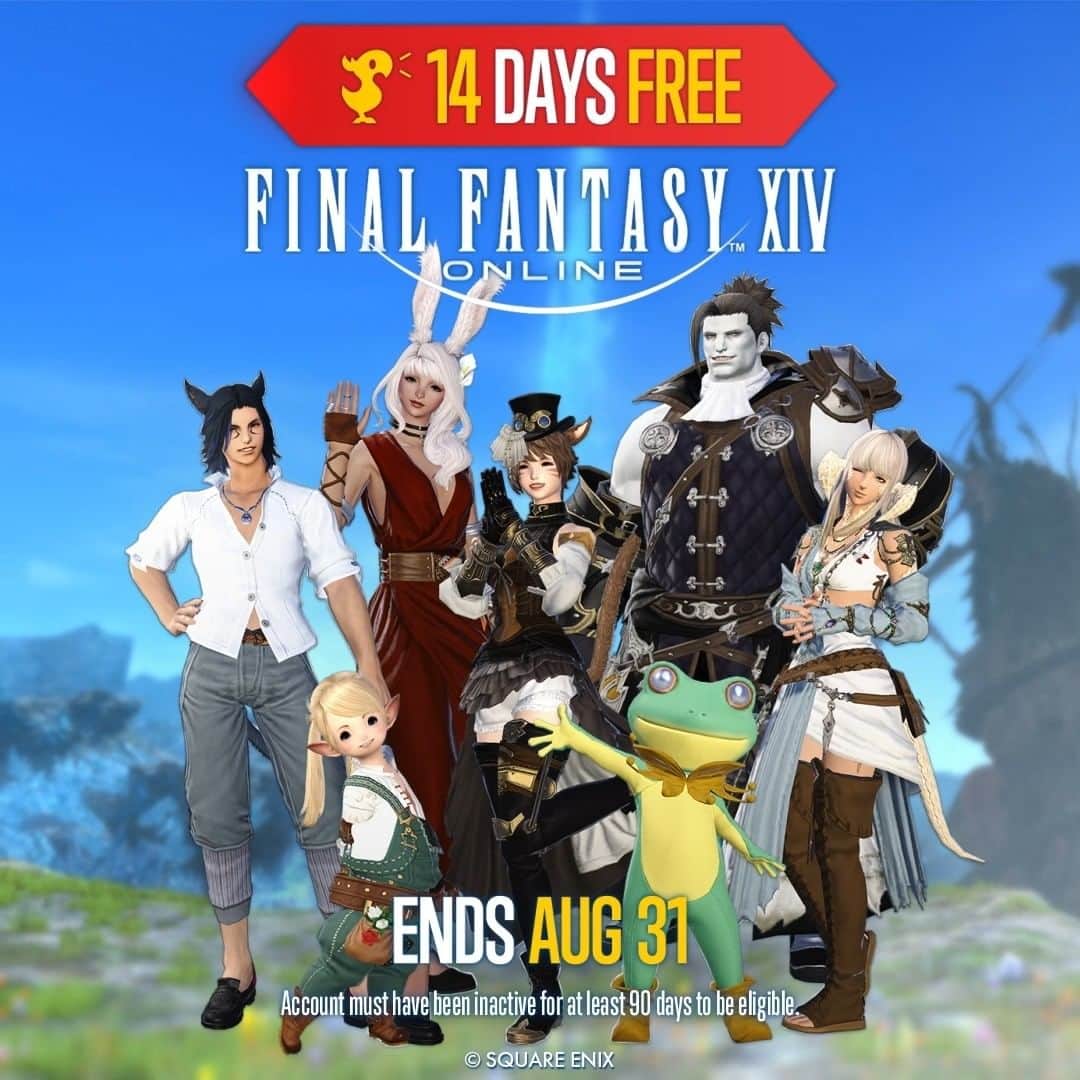 FINAL FANTASY XIVのインスタグラム：「The Free Login Campaign is back!⁣ ⁣ To celebrate A Realm Reborn’s 10th anniversary, eligible players can return to FFXIV and play free for up to 14 DAYS! 🐤💨⁣ ⁣ Be sure to summon your friends before Aug. 31! 💬⁣ ⁣ #FFXIV #FF14 #FreeLoginCampaign」