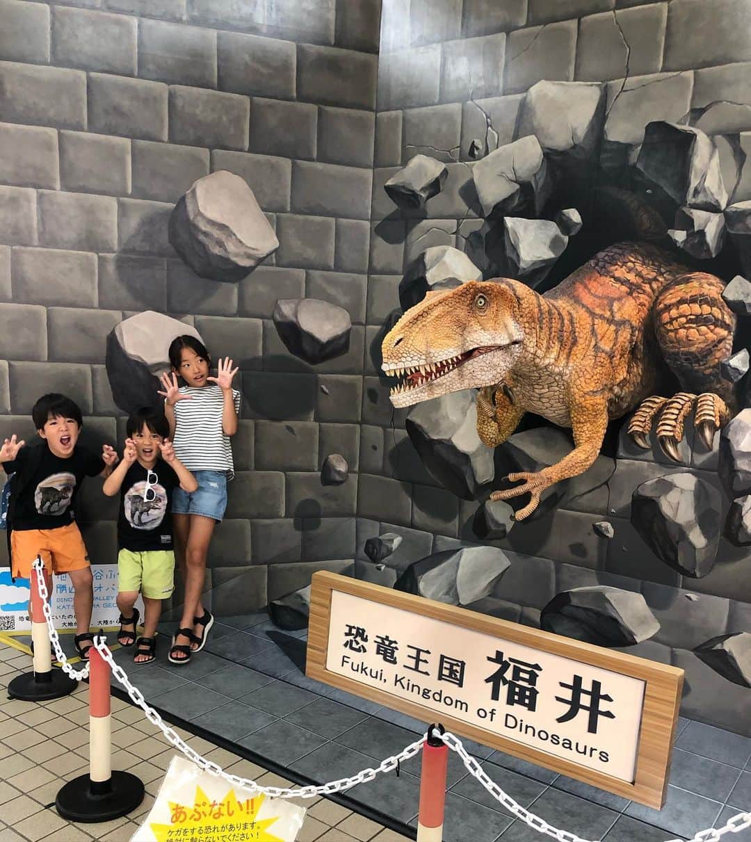 鷲尾春果さんのインスタグラム写真 - (鷲尾春果Instagram)「長男次男が大好きな恐竜を見るために、念願の#福井県立恐竜博物館　へ🦖 迫力ある展示の数々に、子供達は大喜びでした✨ 息子達と一緒に、毎日恐竜図鑑を開いている私も大興奮😆 子供達と私が、こんなに恐竜に詳しくなっていたなんて！とパパもびっくりしていました笑 #夏休み#福井県立恐竜博物館 #恐竜#大好き#男子 #フクイラプトル#ティラノサウルス#スピノサウルス #3きょうだい#👧🏻👦🏻👦🏻#育児#子育て#ママ」8月10日 1時10分 - harukawashio
