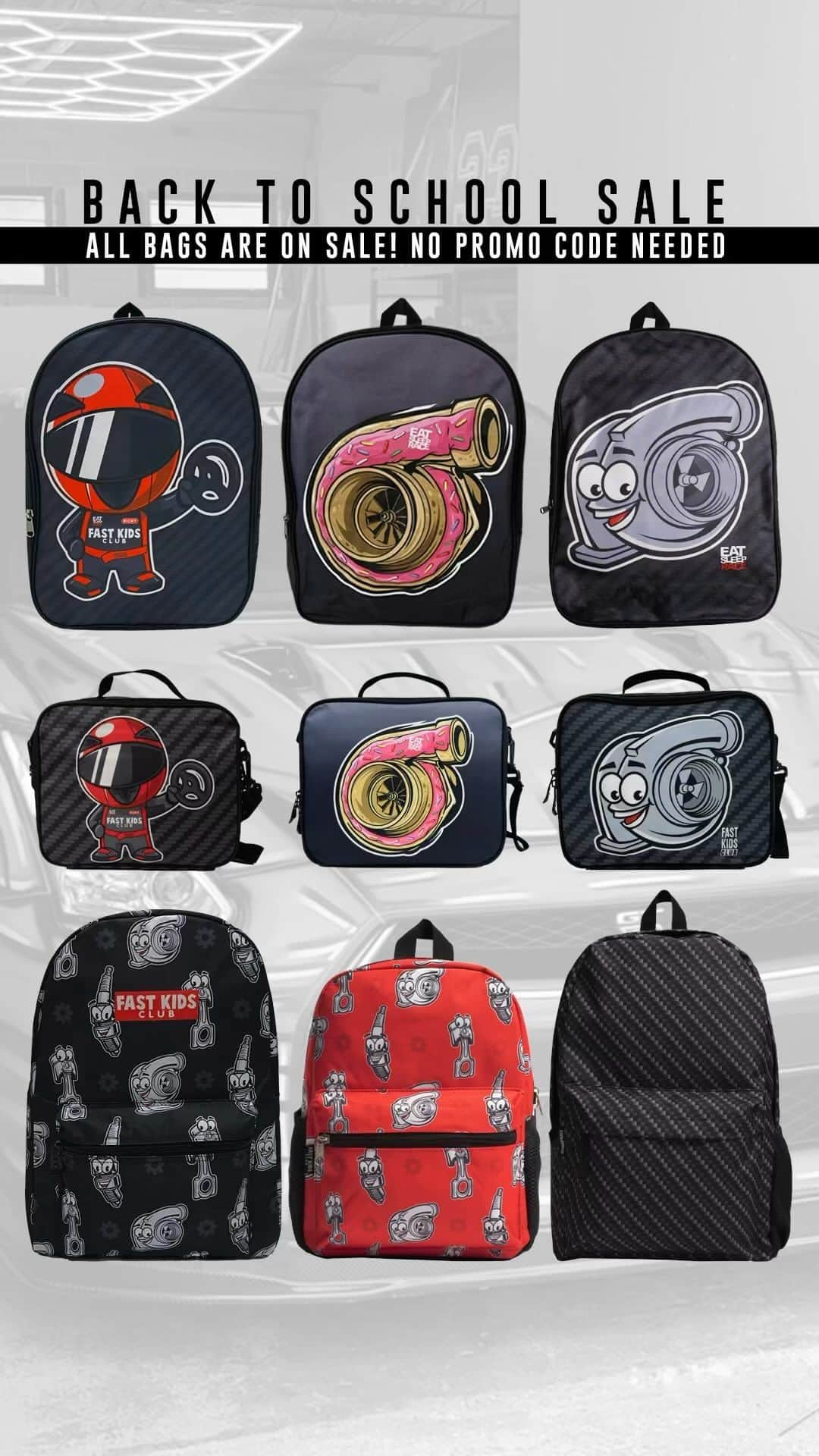 Kik:SoLeimanRTのインスタグラム：「Up to 50% off for our back to school bag sale! Save on all of our #eatsleeprace and #fastkidsclub backpacks, lunch bags, duffle bags, and more 🎒#backtoschool #turbo #turbocharger #donut」