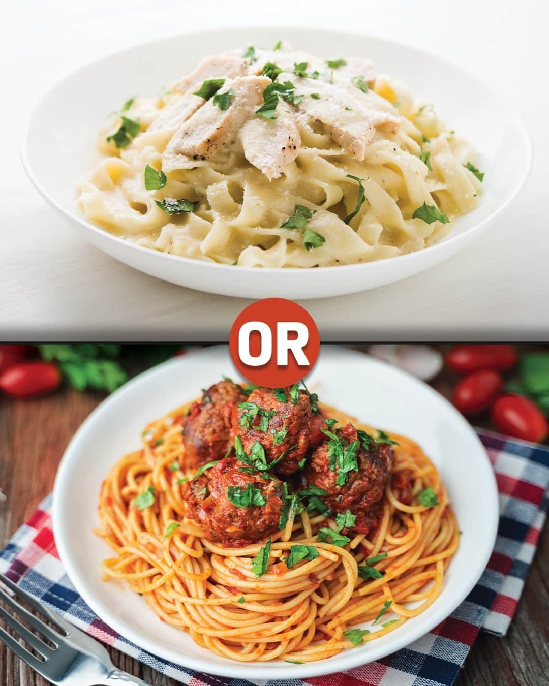 Food Republicのインスタグラム：「Chicken Alfredo OR Spaghetti and Meatballs- which pasta dish are you choosing? 🍝」