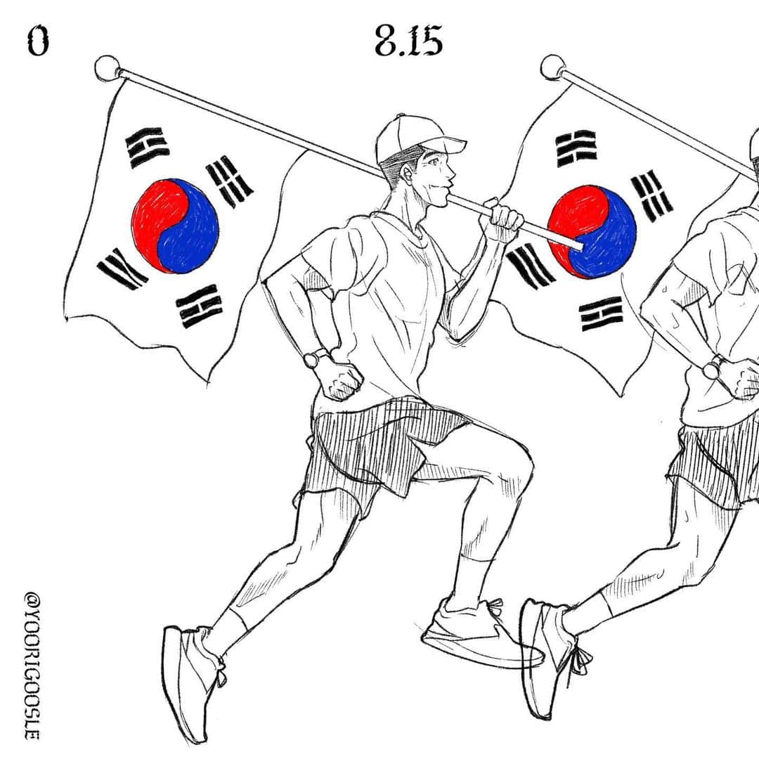 ジヌションのインスタグラム：「🇰🇷잘 될거야,대한민국!  @yoorigoosle 성유나 작가님 감사합니다!  ‘션님이 0에서 시작해서, 온 힘을 다해 81.5키로를 향해 가는 여정이 팔로워들에게 조금이나마 느껴졌으면 해서 횡스크롤 이미지로 작업했습니다 :) 팔로워들이 게시물을 엄지로 슬라이드 해서 마지막 장 까지 다다르는 동안, 다함께 마음으로 션님을 응원하고 있을거에요!   글씨는 저희 어머니가 션님을 함께 응원하는 마음을 꾹꾹 담아서 한글자 한글자 씩 써주셨습니다😊’  illust @yoorigoosle caligraphy @dosun_caligraphy」