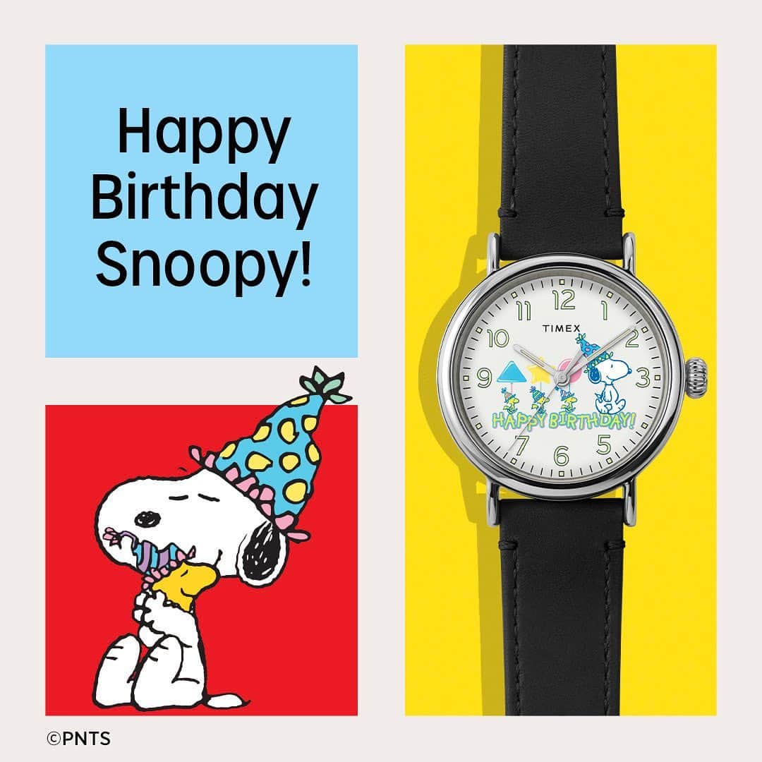 タイメックスのインスタグラム：「Happy birthday, Snoopy! It's time to celebrate (with pizza and root beer of course). ❤️ 🎈🎂 ⁣⁣⁣⁣⁣⁣ #timex #peanuts #snoopy #happybirthdaysnoopy @snoopygrams @snoopyinfashion」